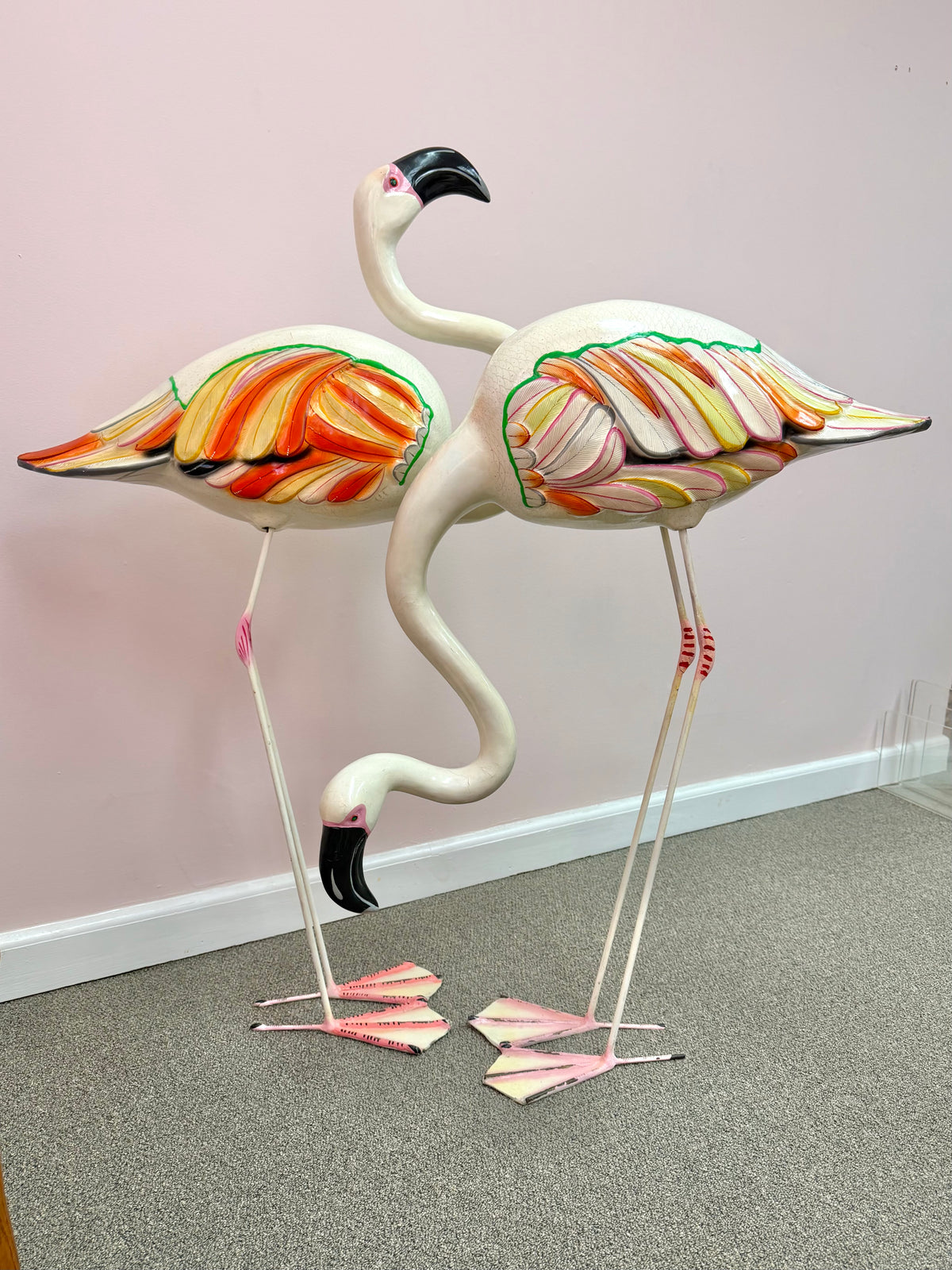 Pair of Extra Large Vintage Mexican Papier- Mache Flamingo Statues