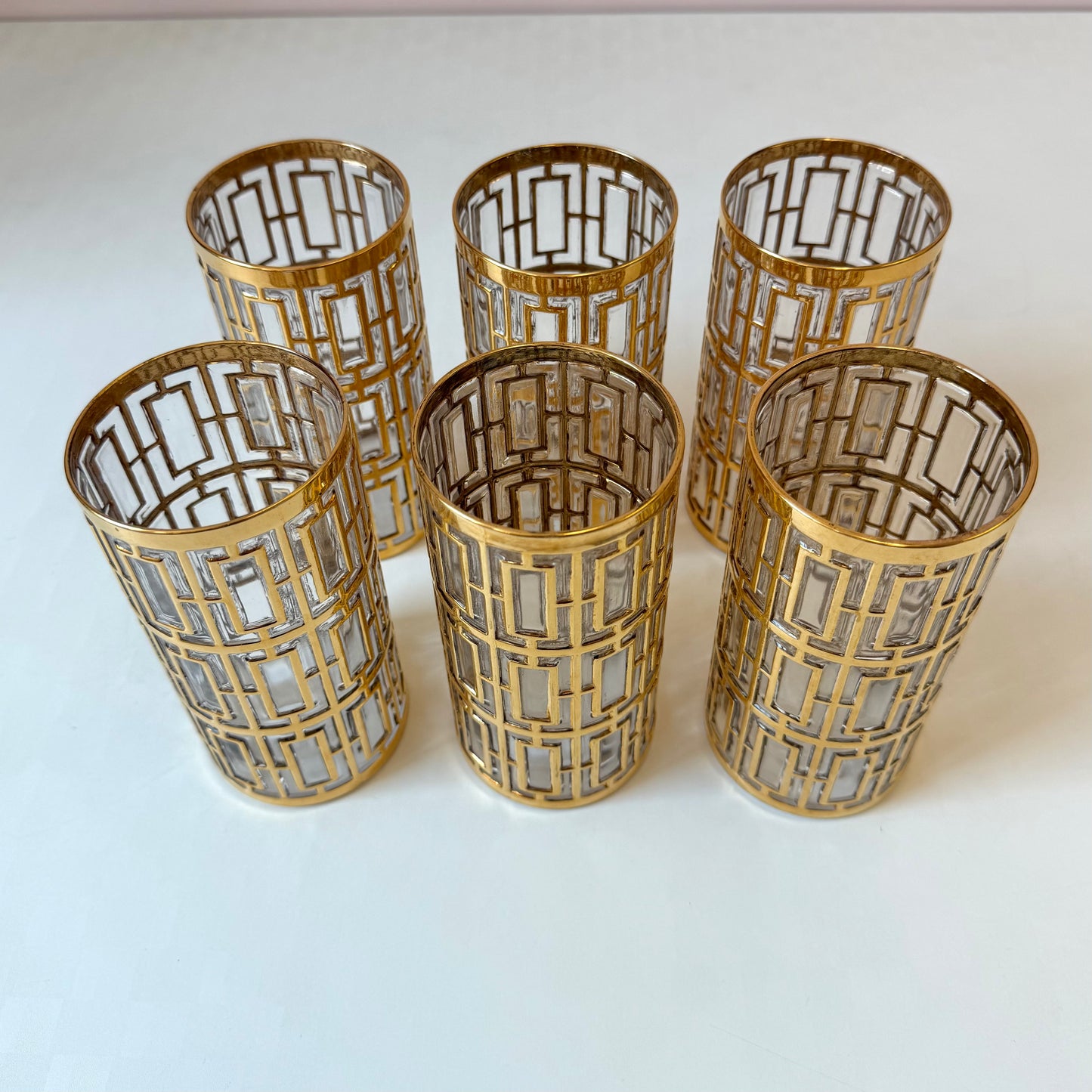 Vintage Set of 6 Imperial Glass Company Highball Glasses in the Gold Shoji Pattern