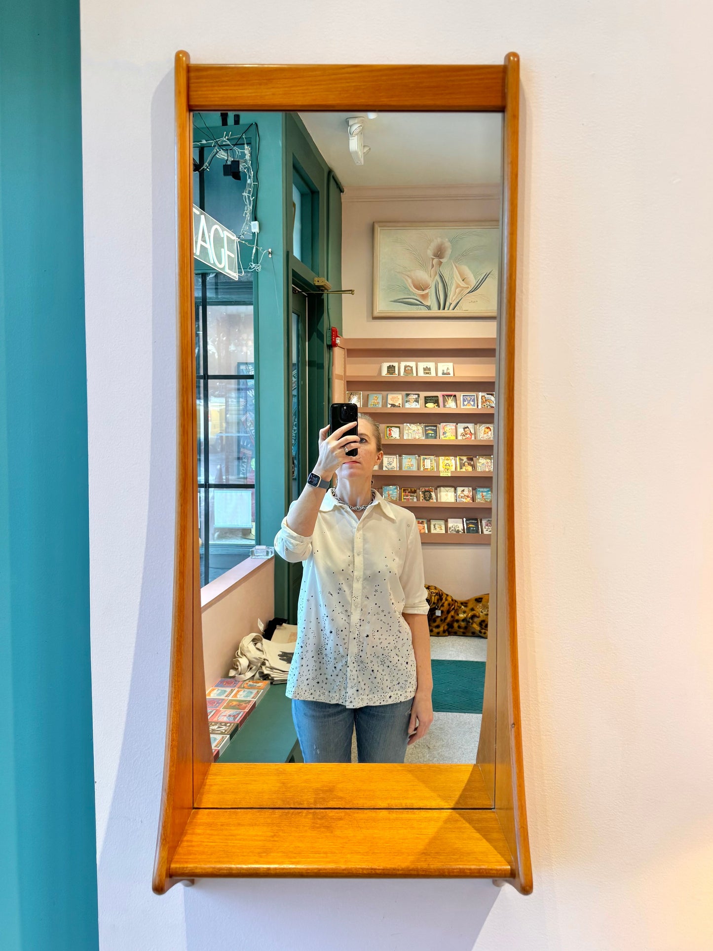 Mid Century Danish Teak Curved Wall Mirror with Shelf by Pedersen and Hansen