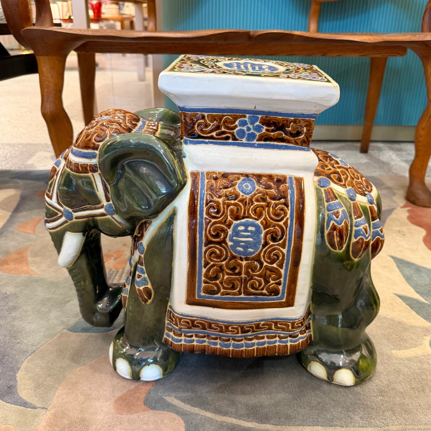 Vintage Hand Painted Green Ceramic Asian Elephant Plant Stand