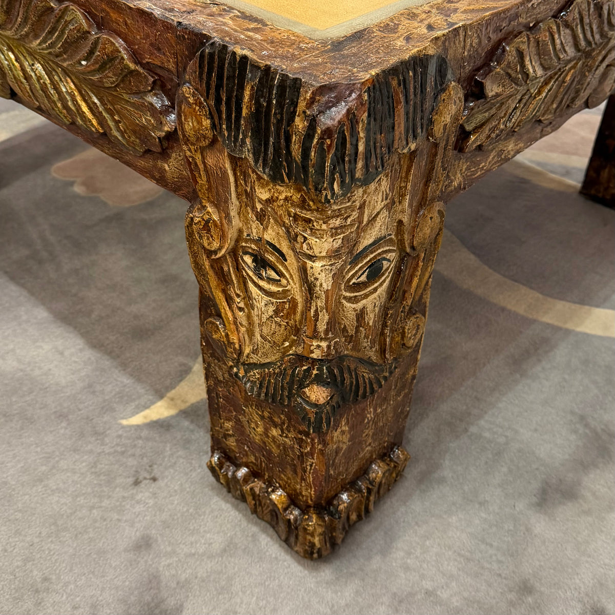 Vintage Mid-Century Carved Chess Board Coffee Table with Chess Pieces