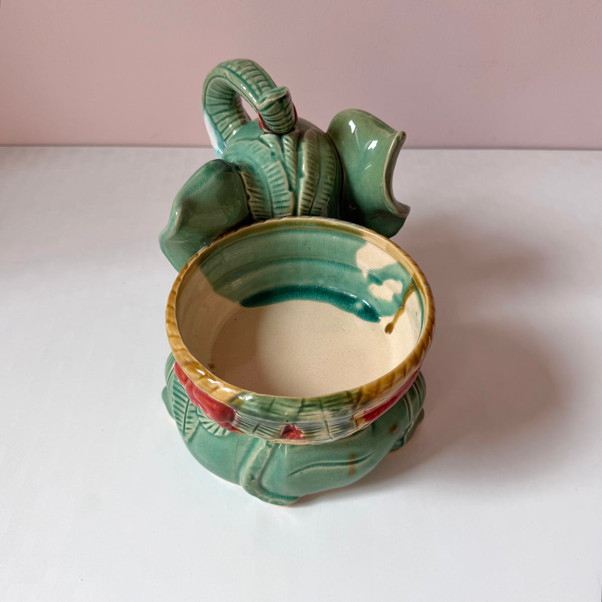 Vintage Green Ceramic Elephant Planter