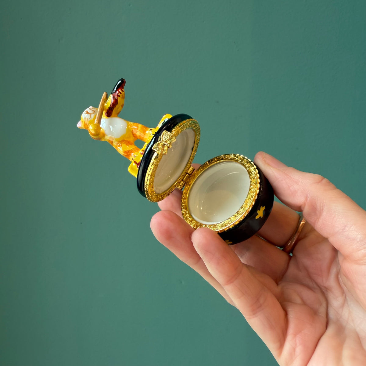 Cat Playing Fiddle Hand Painted Ceramic Trinket Box
