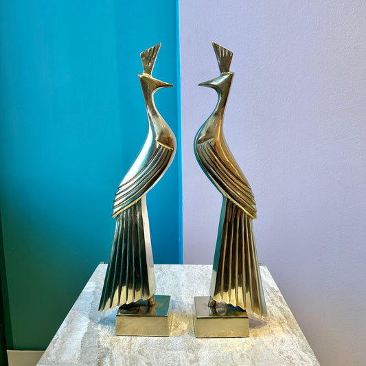 Pair of Vintage 1983 Dara International Art Deco Brass Peacock Statues/Bookends