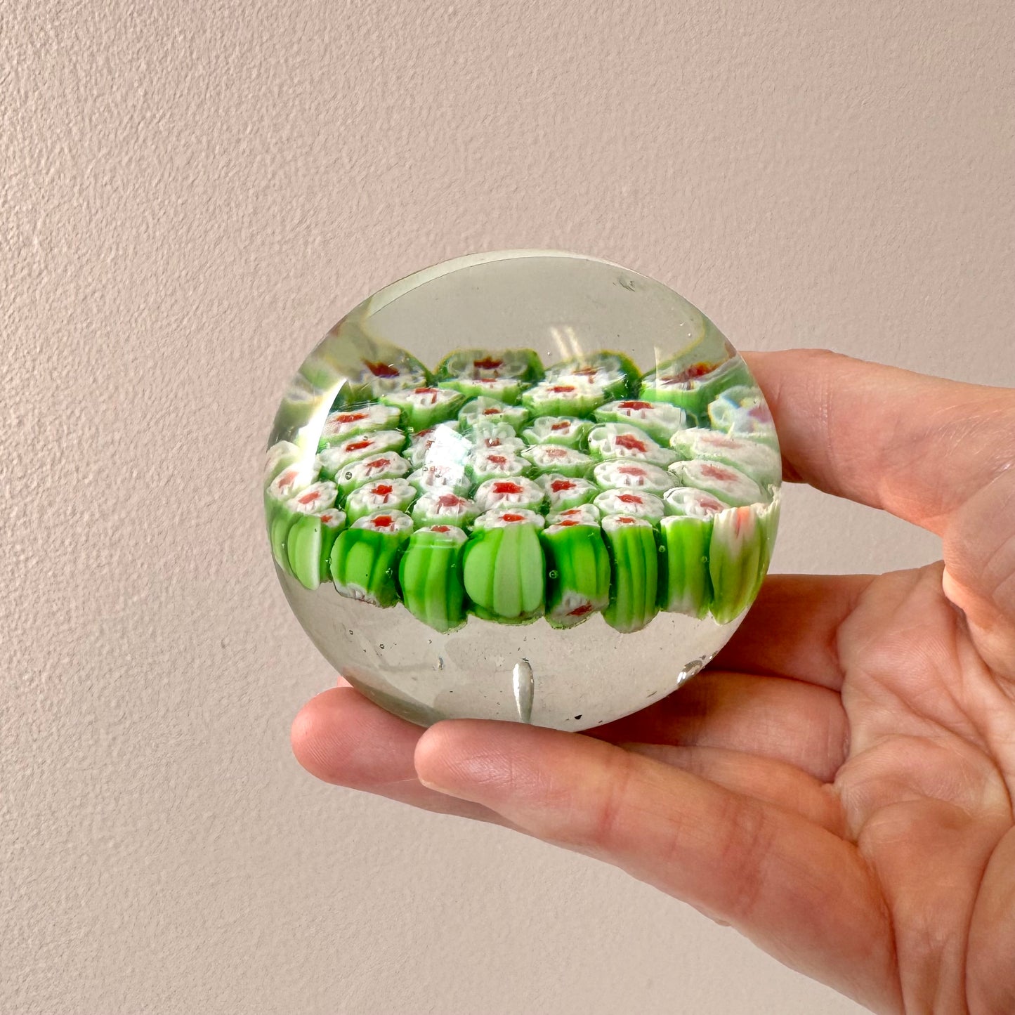 Vintage Green, Red and White Millefiori Paperweight