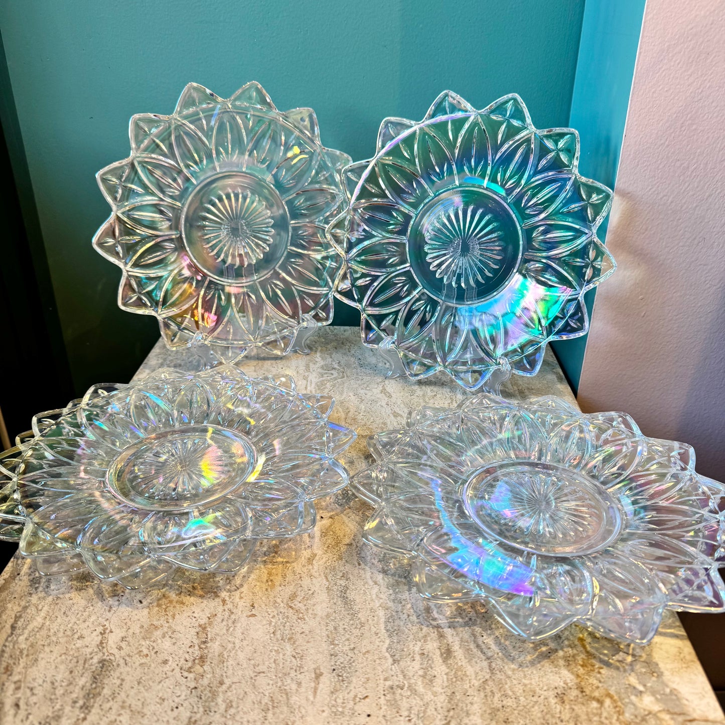 Set of 6 Iridescent Lotus Federal Glass Plates