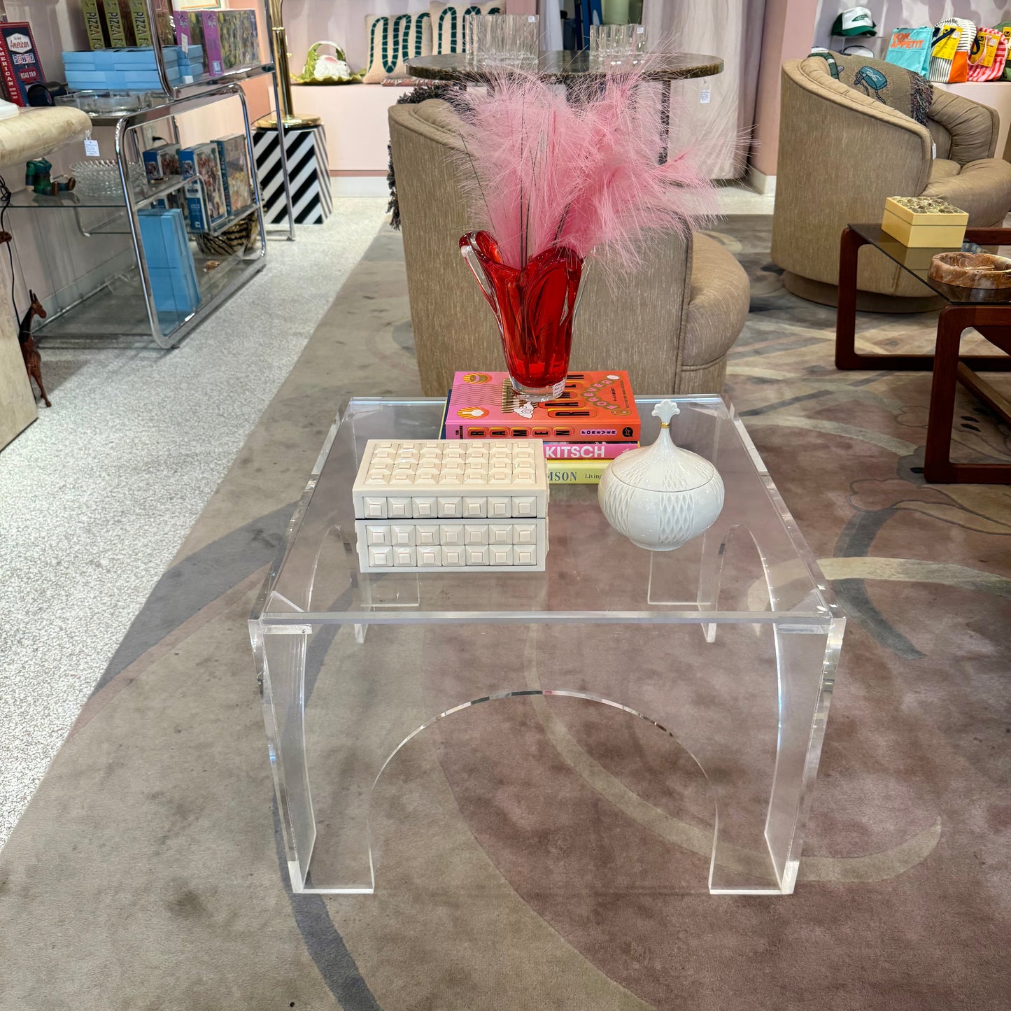 Vintage Square Lucite Coffee Table with Arch Base