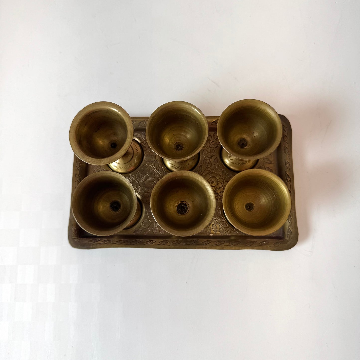Vintage Set of 6 Brass Cups with Tray