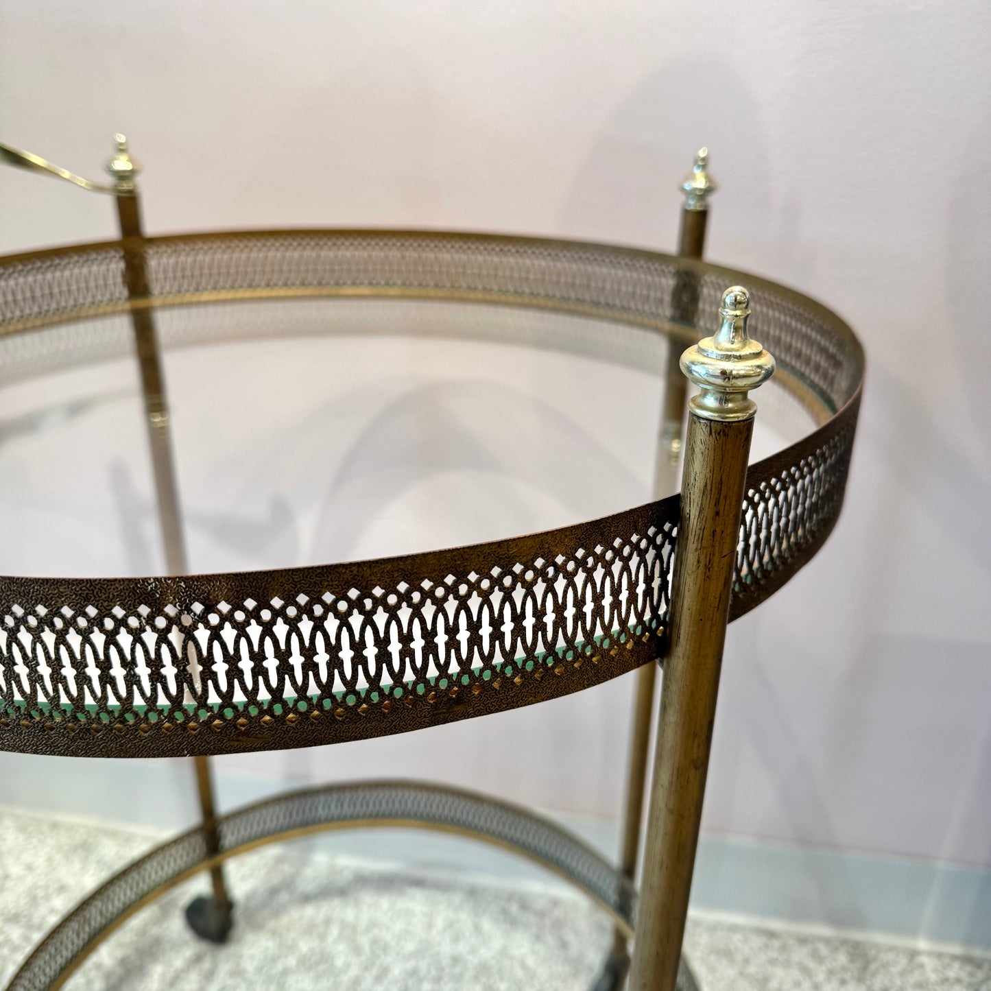 Vintage Mid Century Round Brass and Glass Rolling Bar Cart