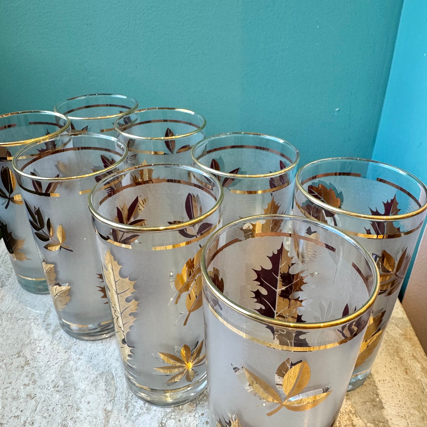 Set of 8 Mid Century Frosted Gold Leaf Drinking Glasses
