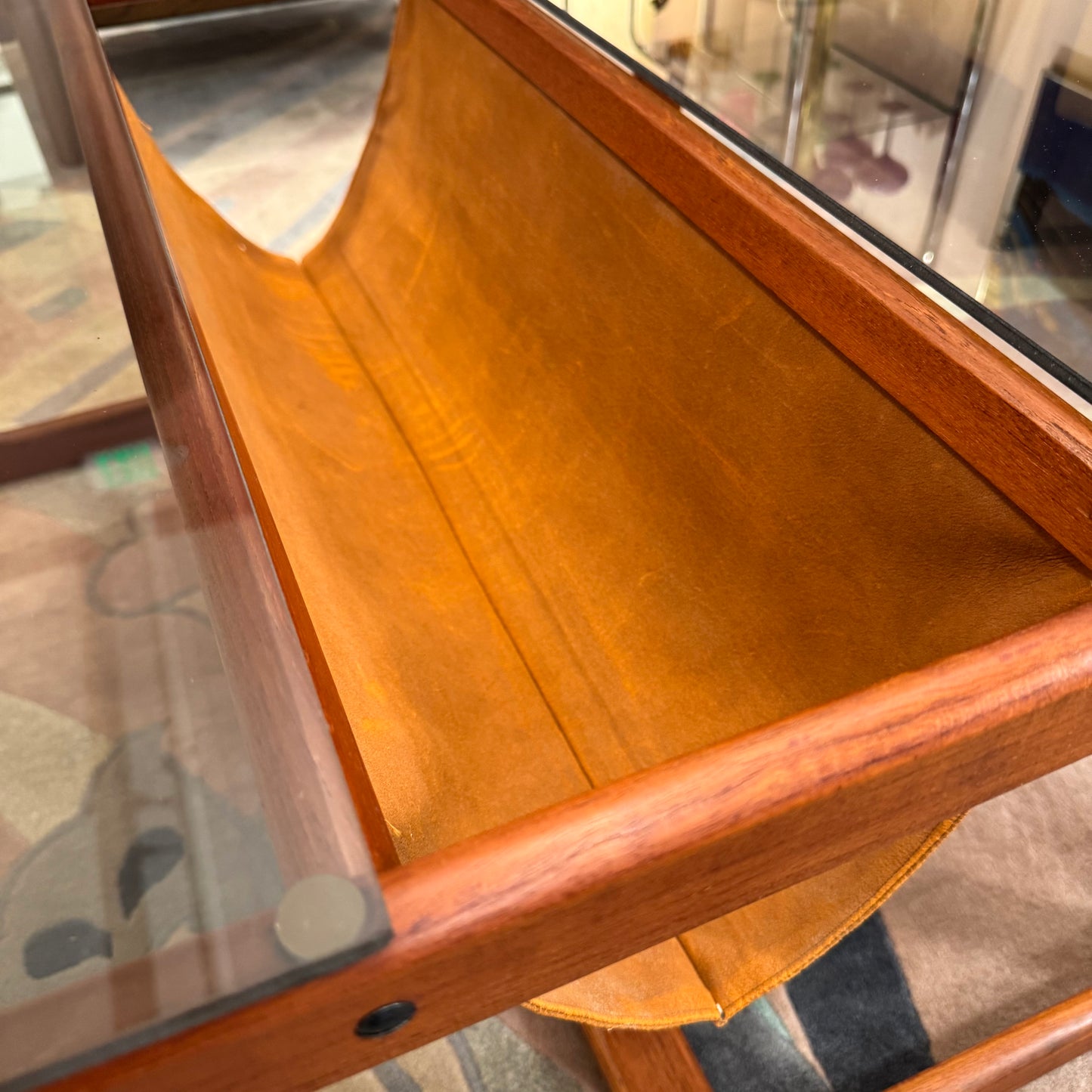 Vintage Lou Hodges Style Teak and Smoked Glass Coffee Table with Magazine Holder