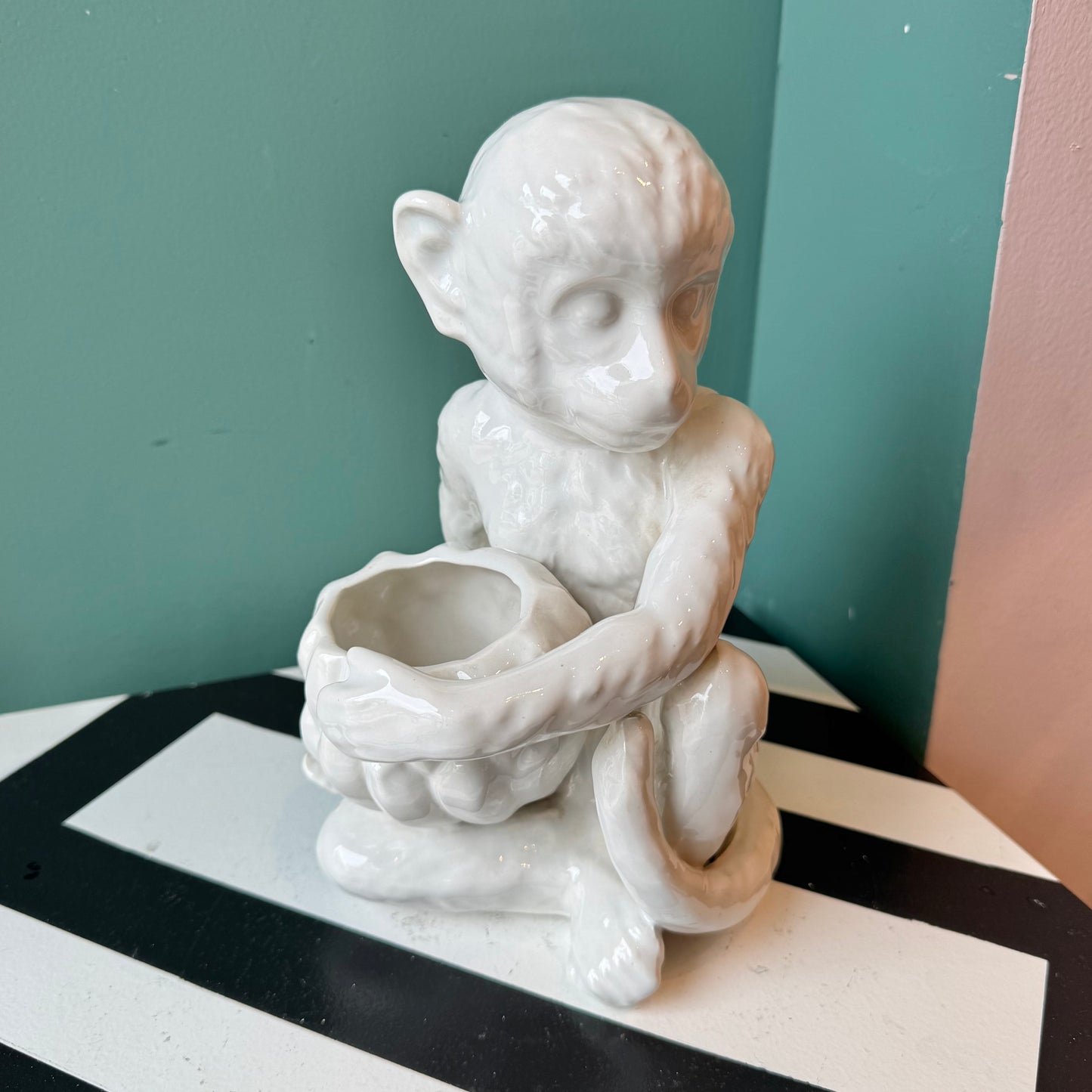 Vintage White Ceramic Monkey Planter