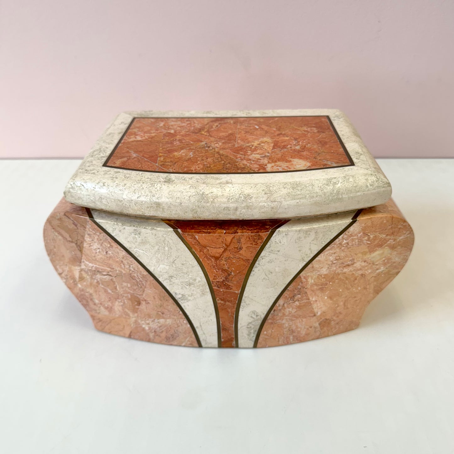 Vintage Maitland Smith Style Pink and Cream Tessellated Stone Box