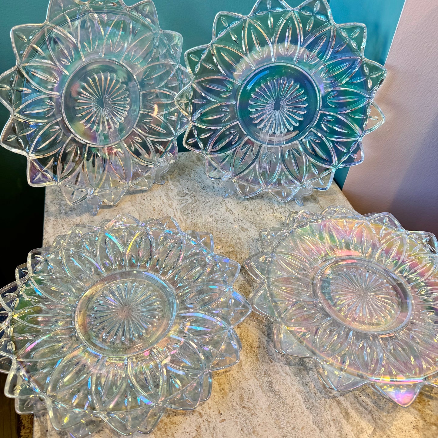 Set of 6 Iridescent Lotus Federal Glass Plates