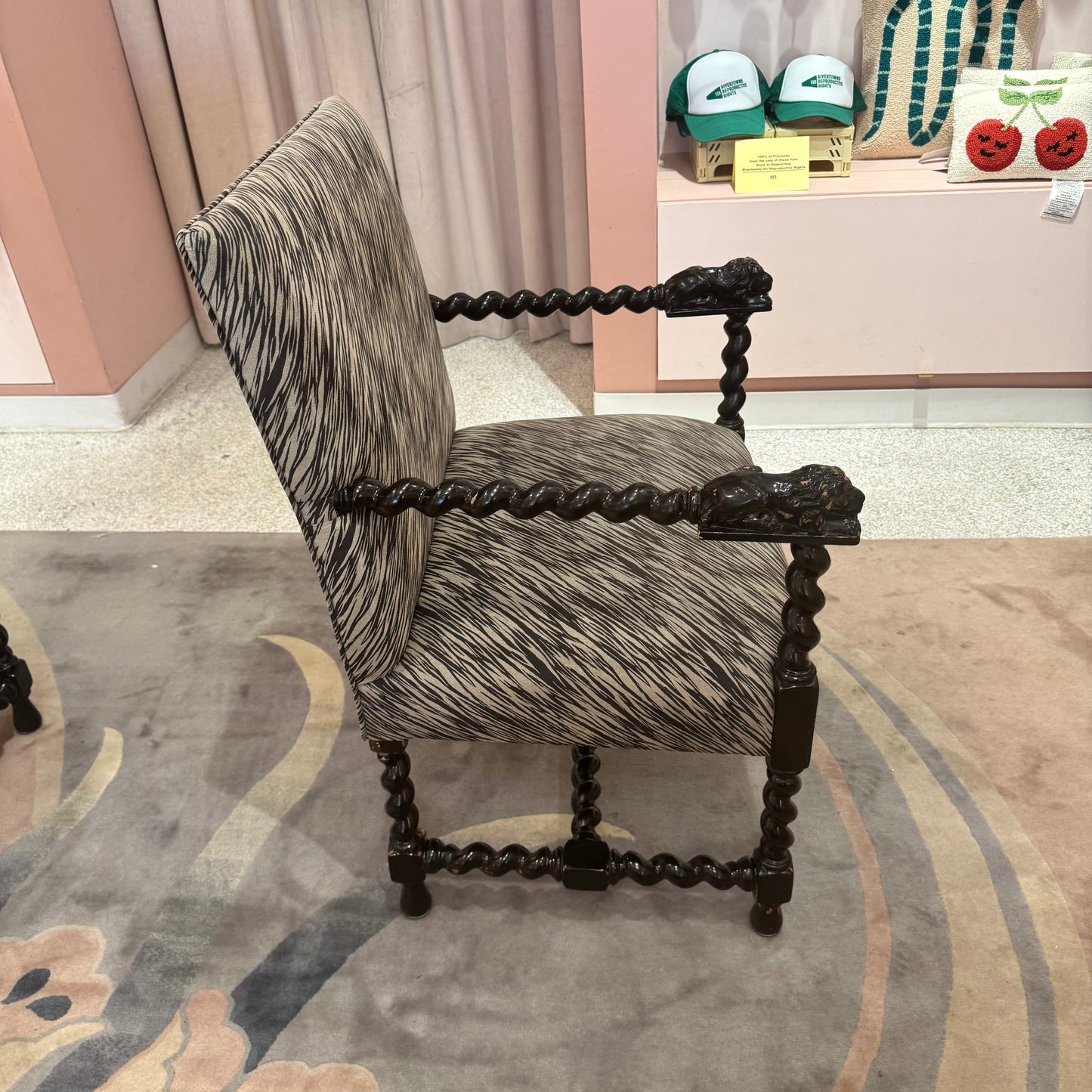 Antique Lions Head Barley Twist Suede Chair/item