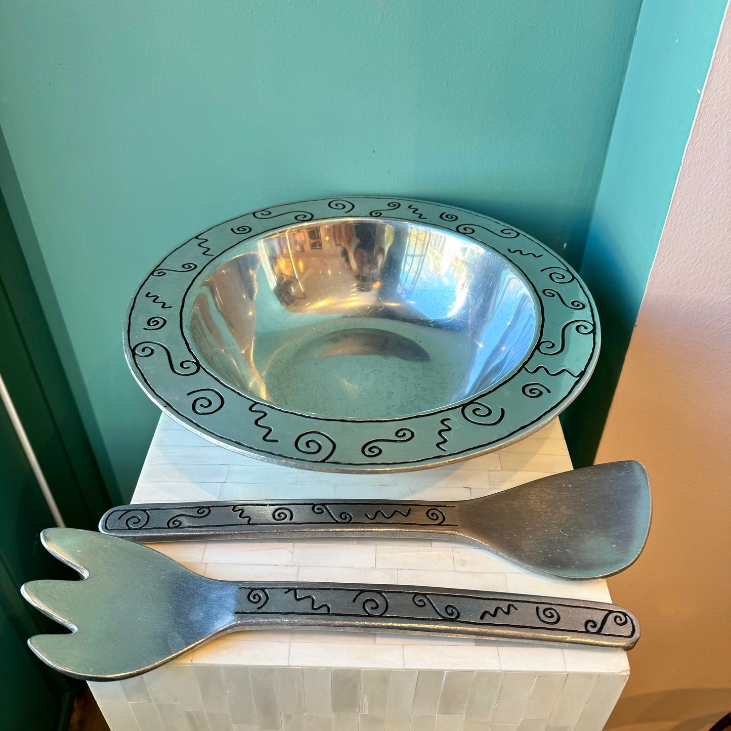 Vintage Wilton Armetale Pizzazz Serving Bowl, Utensils and Platter