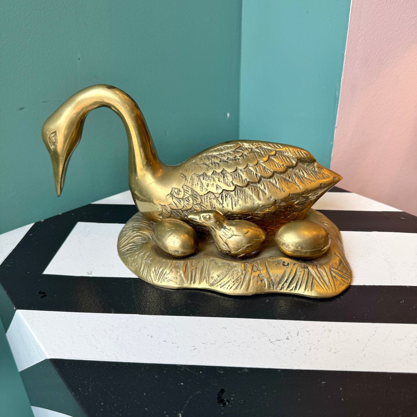 Vintage Brass Duck With Chick and Eggs