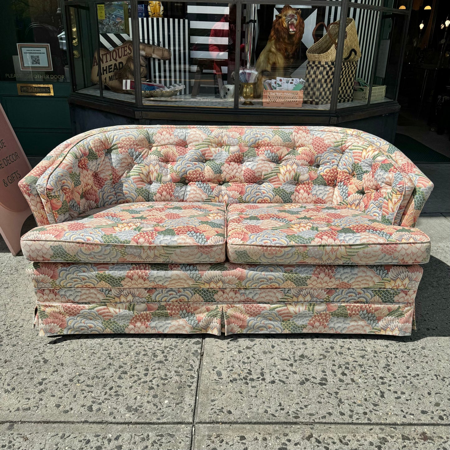Vintage Mid Century Abstract Floral Tufted Loveseat Sofa