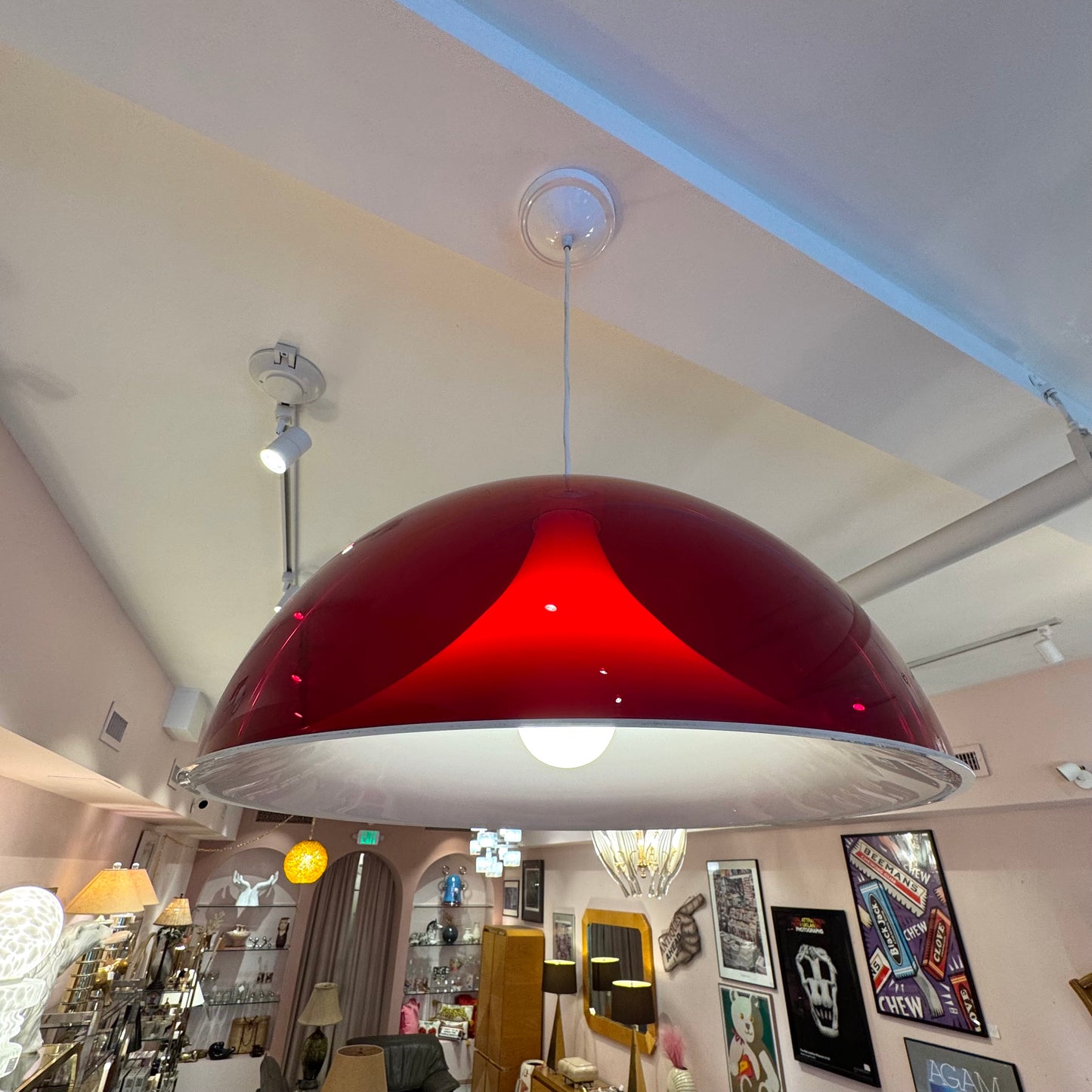 Vintage Red and White Space Age Dome Pendant Light