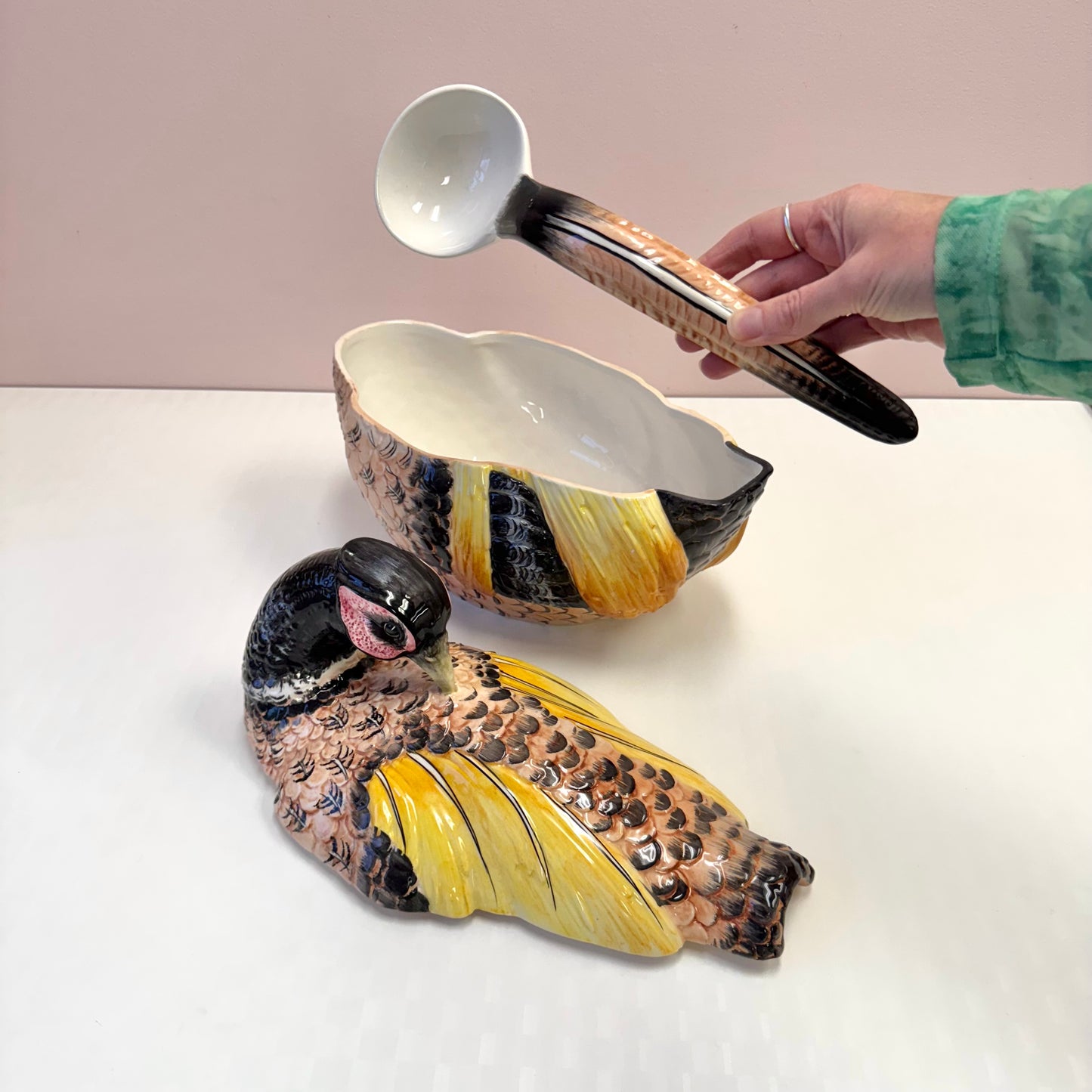 Vintage Italian Ceramic Pheasant Tureen and Ladle