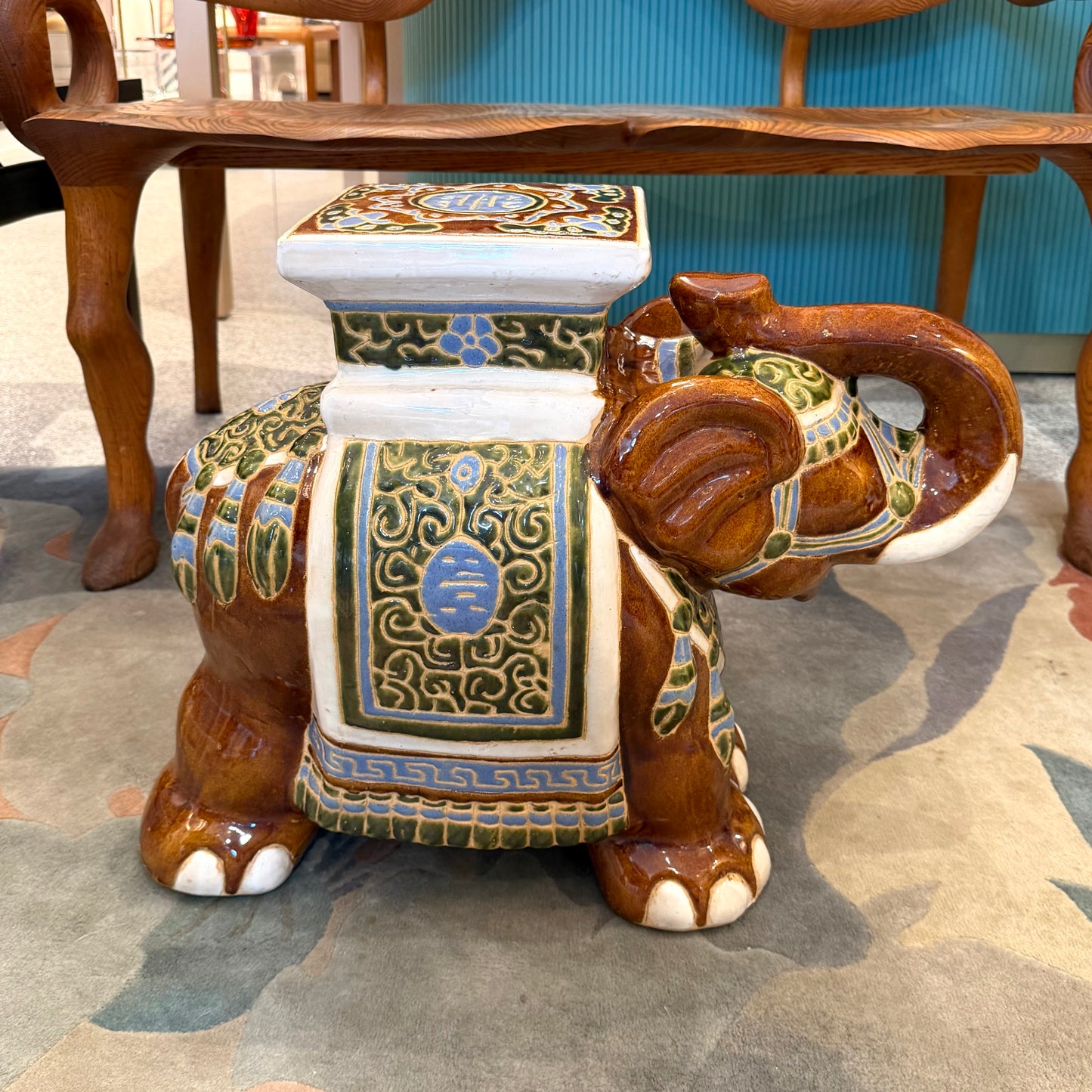 Vintage Hand Painted Brown Ceramic Asian Elephant Plant Stand