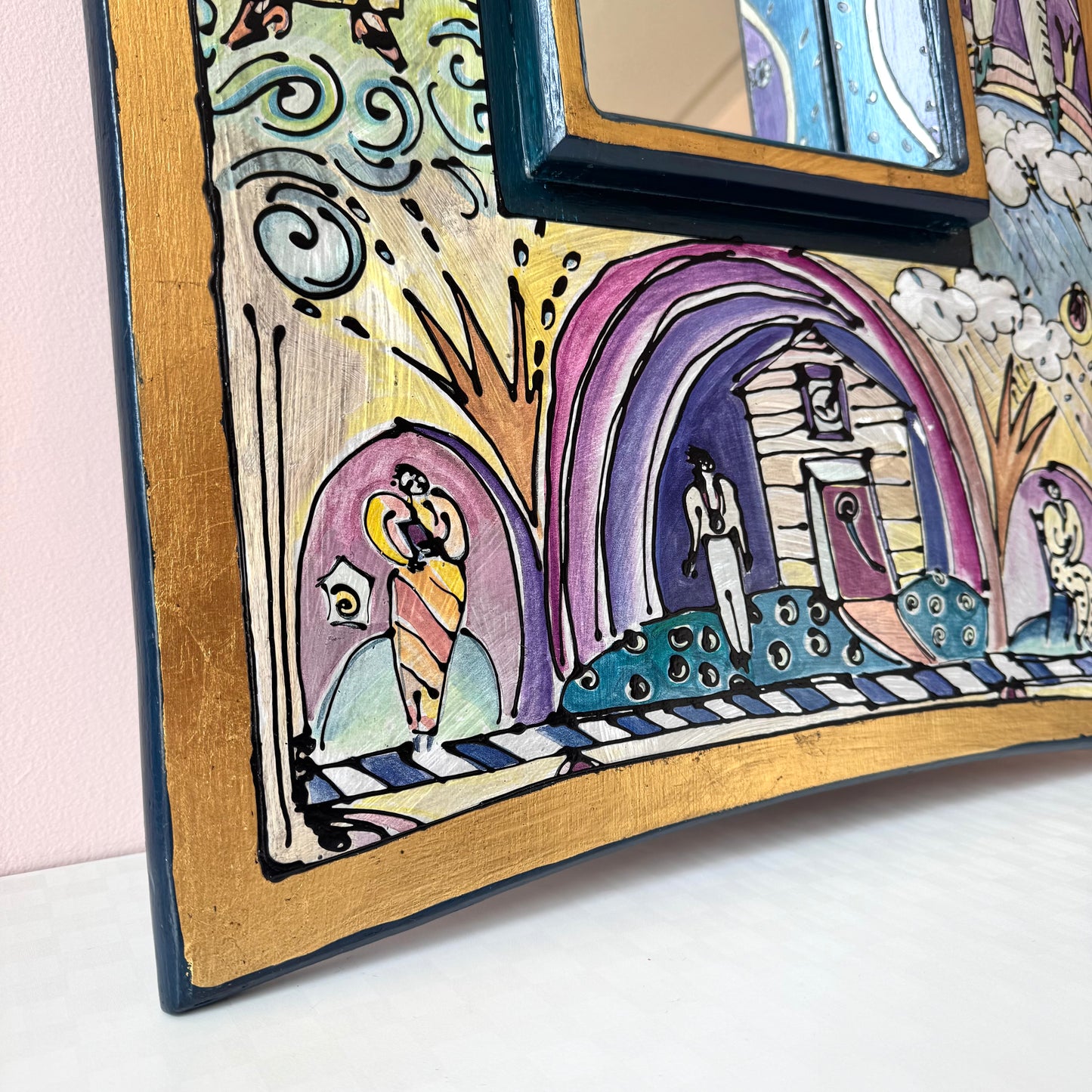 Vintage Hand Painted Whimsical Illustration Art Mirror