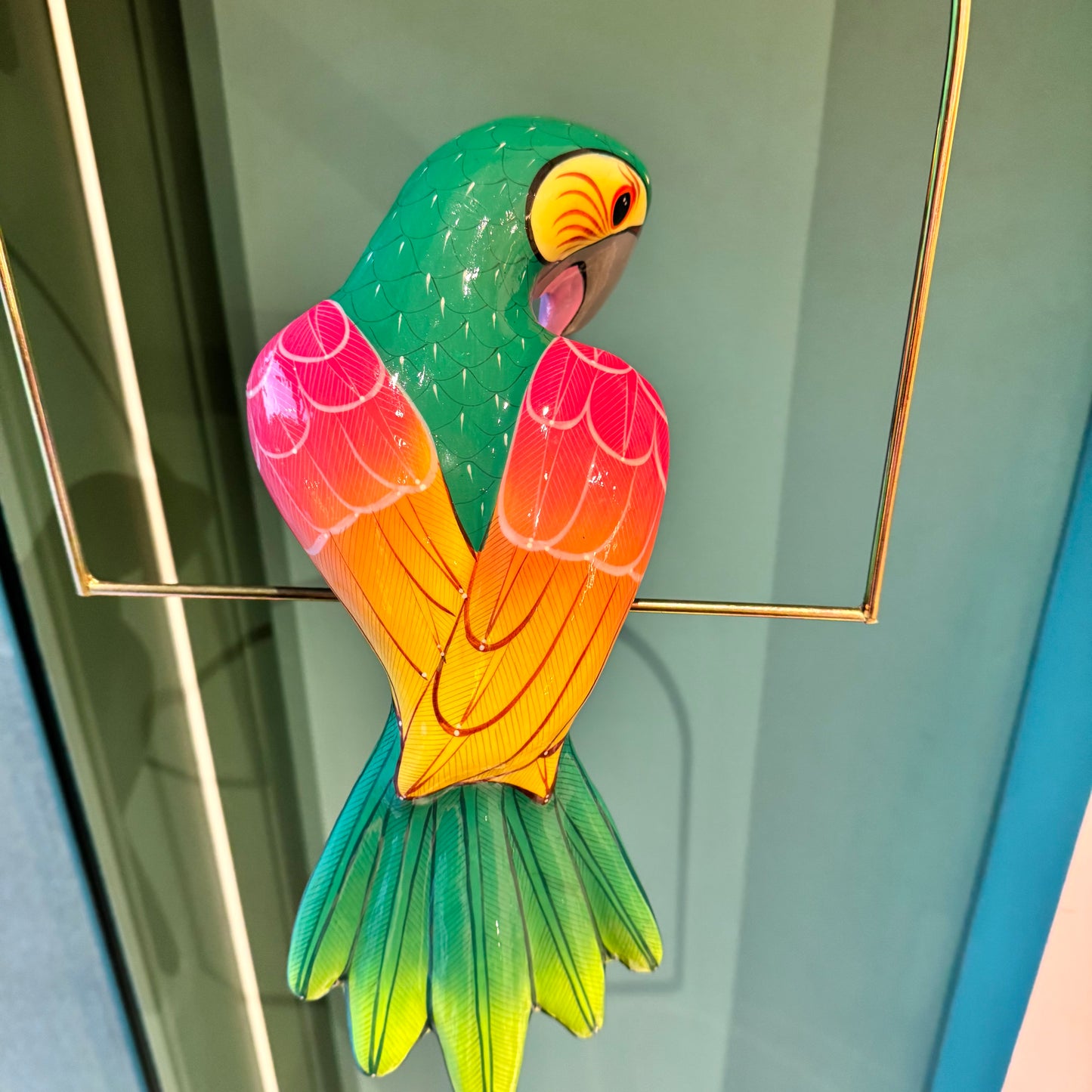 Vintage Papier Maché Parrot Sculpture on Hanging Stand