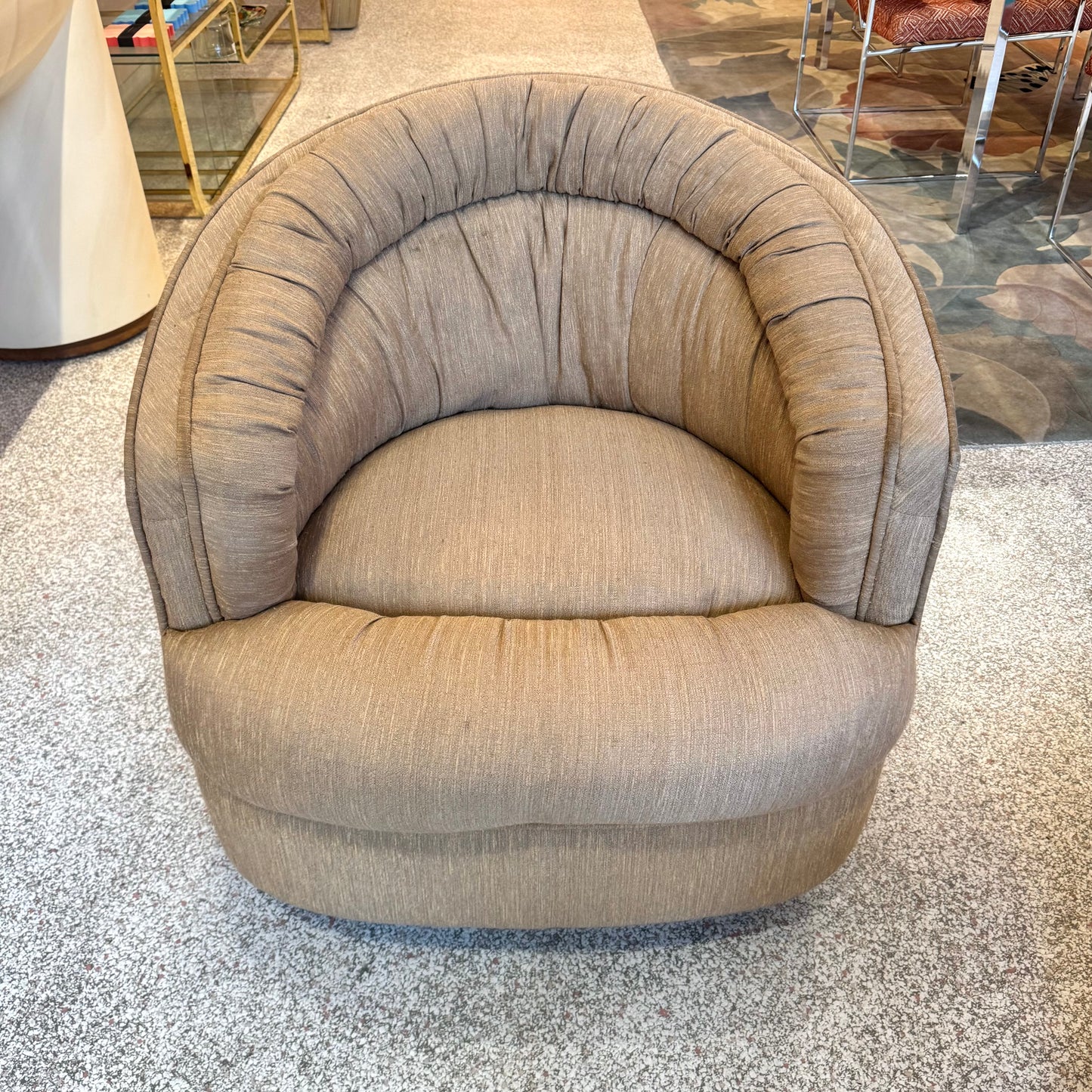 1980's Ruched Back Swivel Barrel Chair