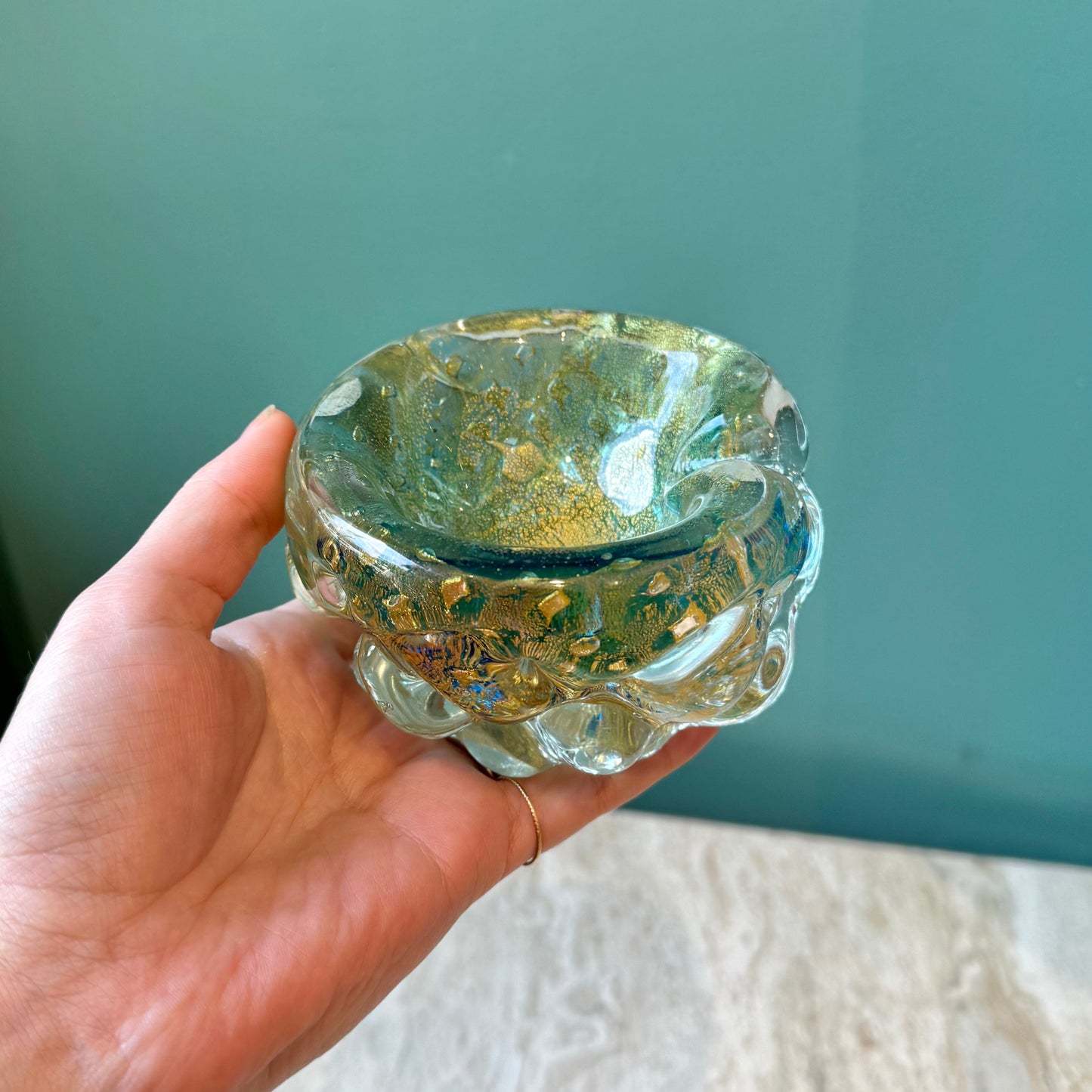 Chunky Vintage Blue and Gold Murano Glass Ashtray