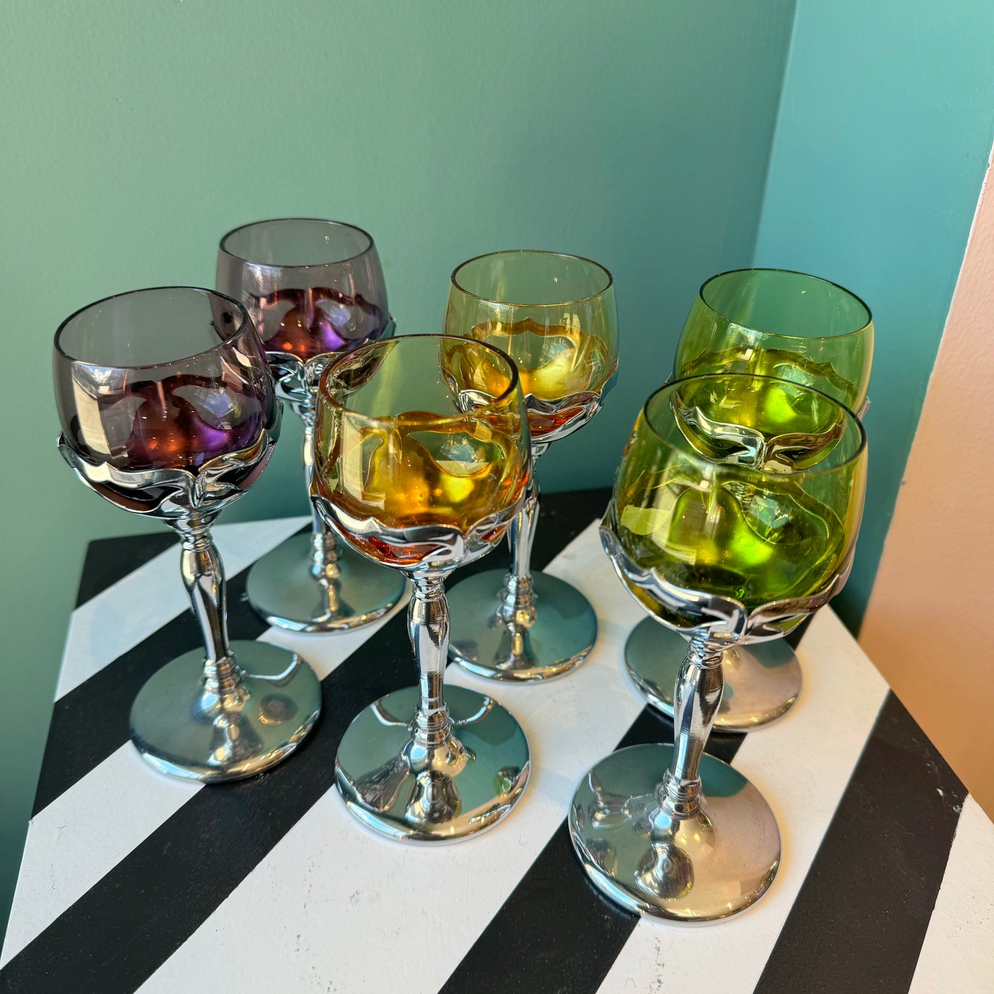 Set of 6 Vintage Multi Colored Glass and Chrome Cordial Glasses