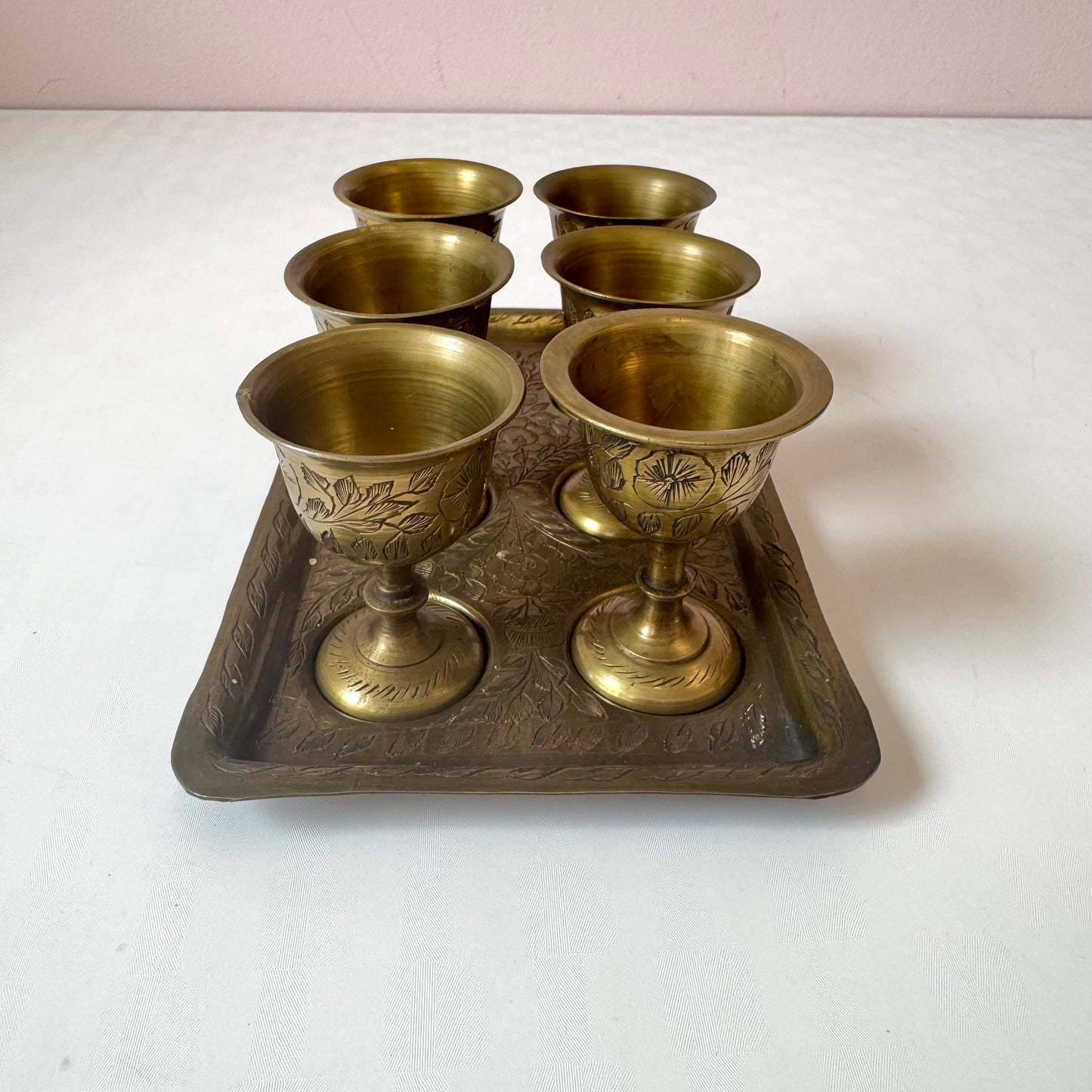 Vintage Set of 6 Brass Cups with Tray