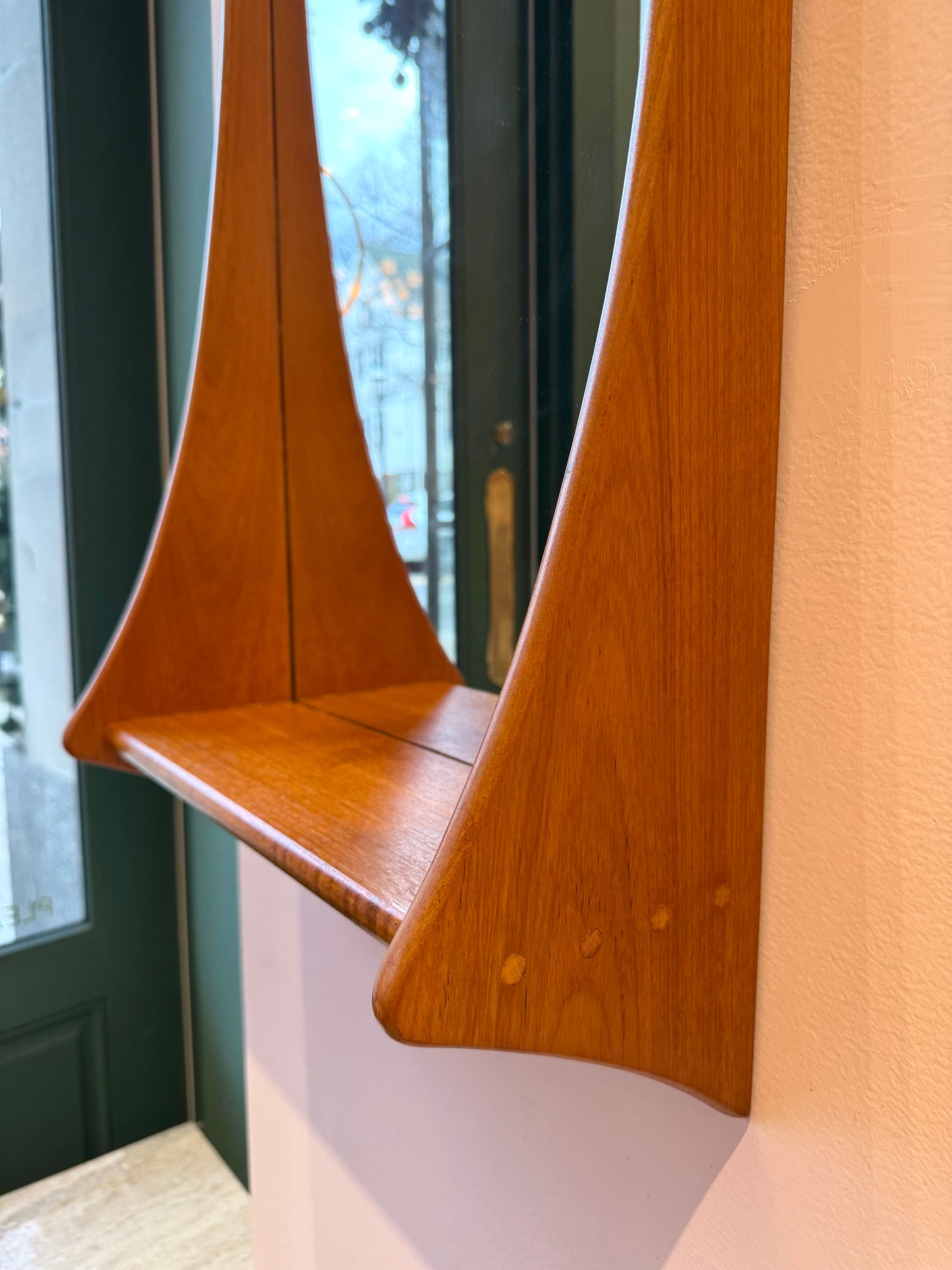 Mid Century Danish Teak Curved Wall Mirror with Shelf by Pedersen and Hansen