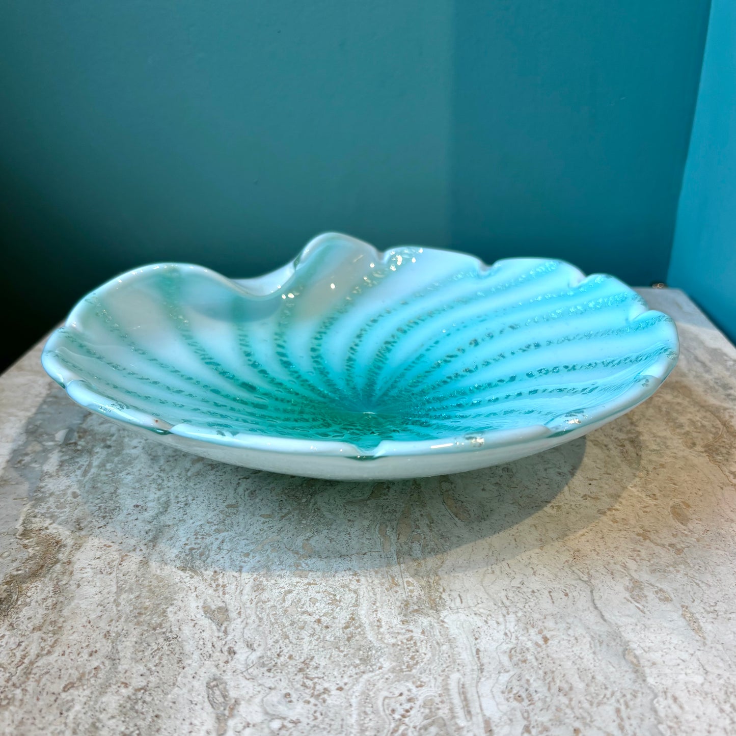 Vintage Murano Glass Large Aqua Green and Silver Leaf Bowl
