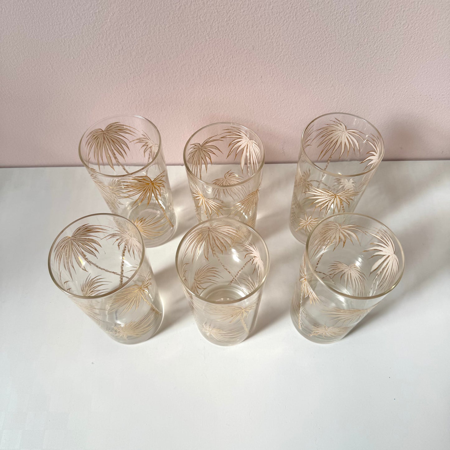 Vintage set of 6 Gold Palm Frond High Ball Glasses by Culver Ltd