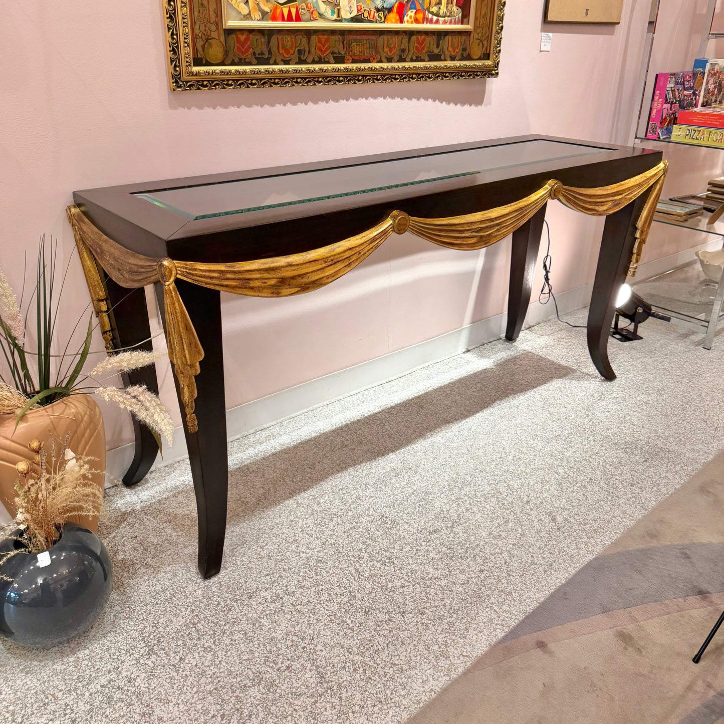 Vintage Dark Wood Console with Gold Gilt Draped Valance Detail