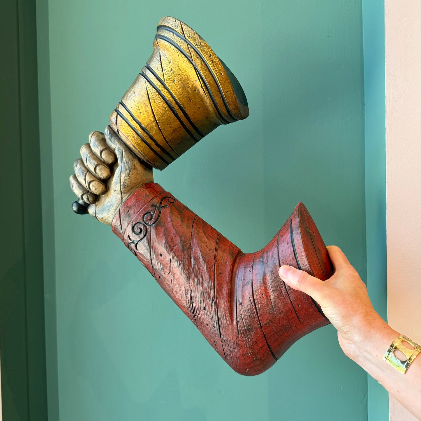Vintage Wooden "Arm Ringing A Bell" Wall Hanging