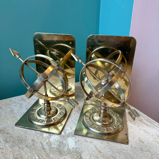 Pair of Vintage Brass Sphere Sundial Bookends