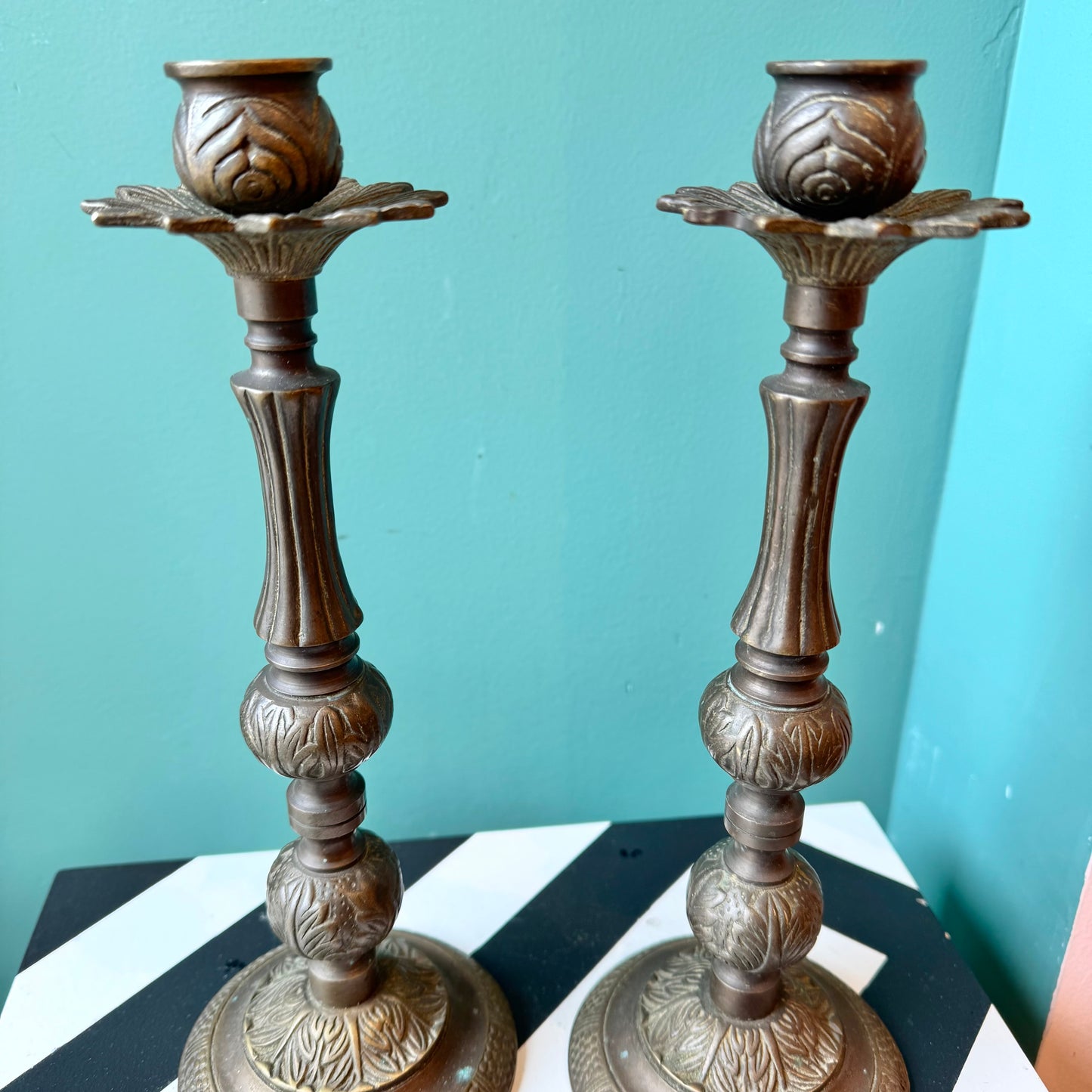 Vintage Pair Ornate Brass Candle Holders