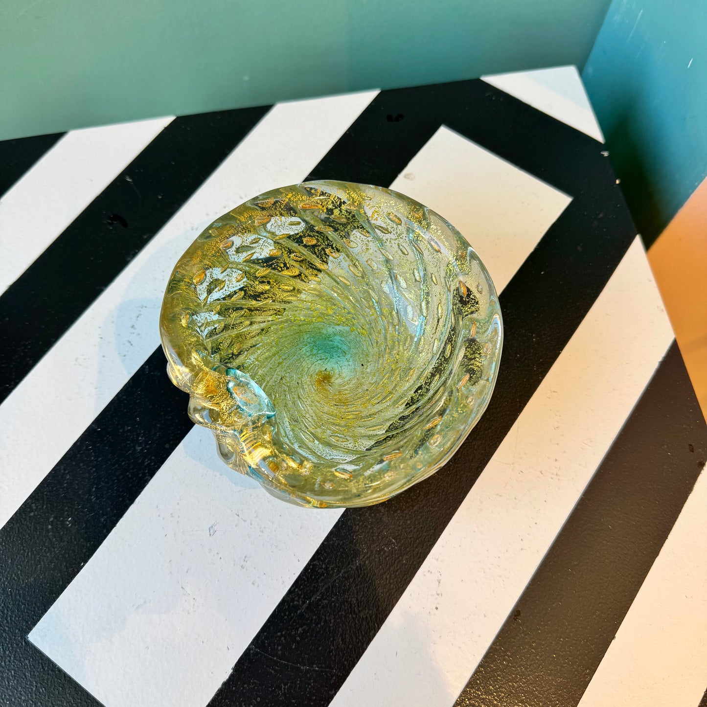 Vintage Gold and Teal Glass Bowl Ashtray