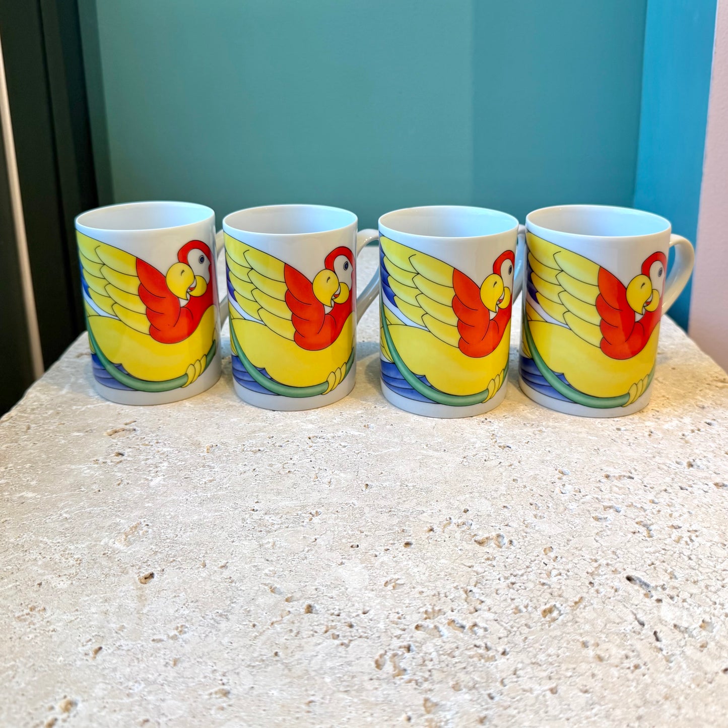 Vintage 1979 Fitz & Floyd "Parrot-in-Ring" Ceramic Coffee Mugs - Set of 4
