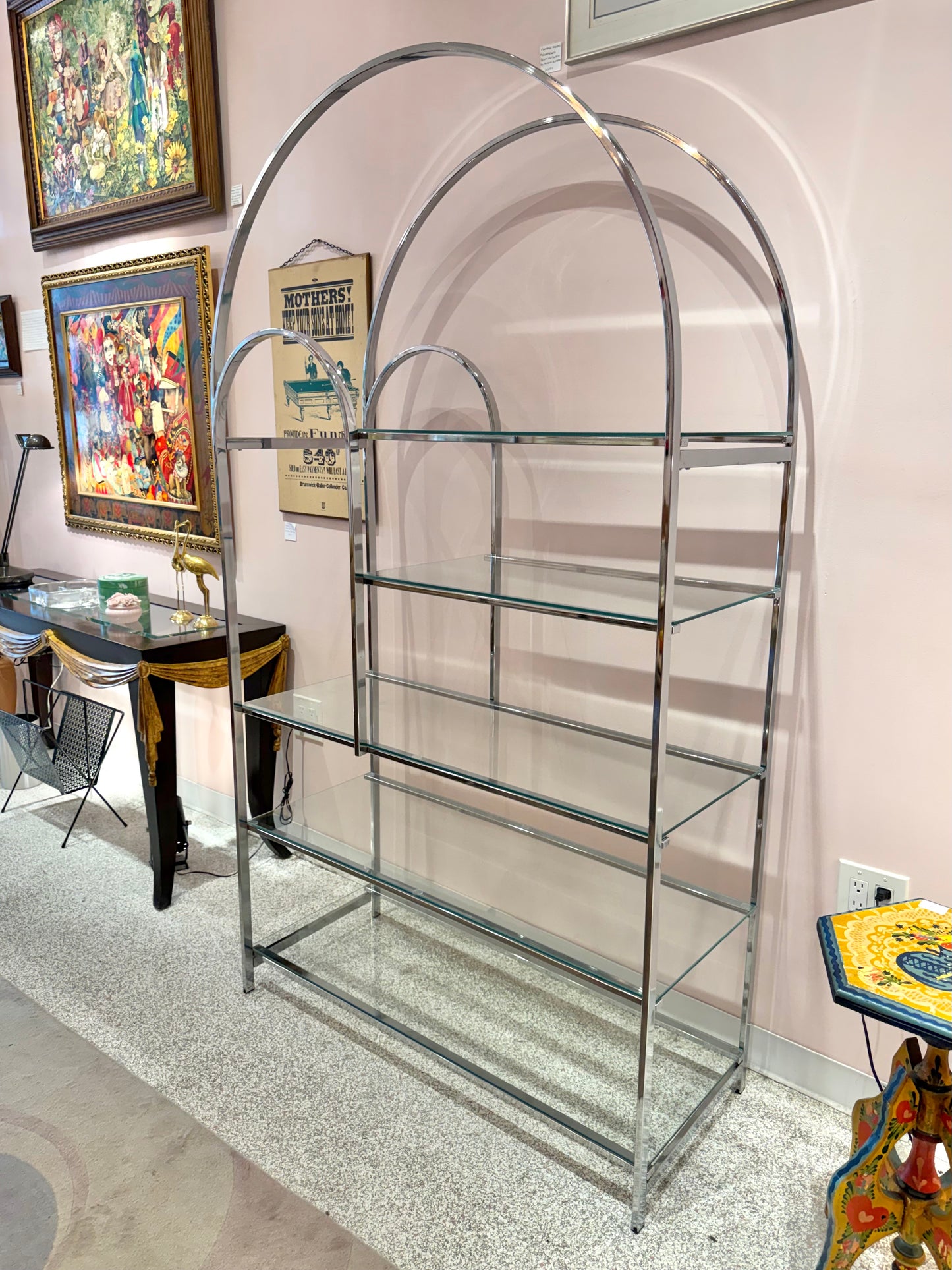 Vintage DIA Style Chrome and Glass Arched Etagere