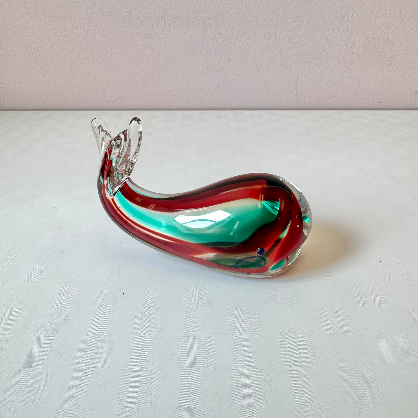 Vintage Murano Glass Style Red and Aqua Blue Whale Paperweight