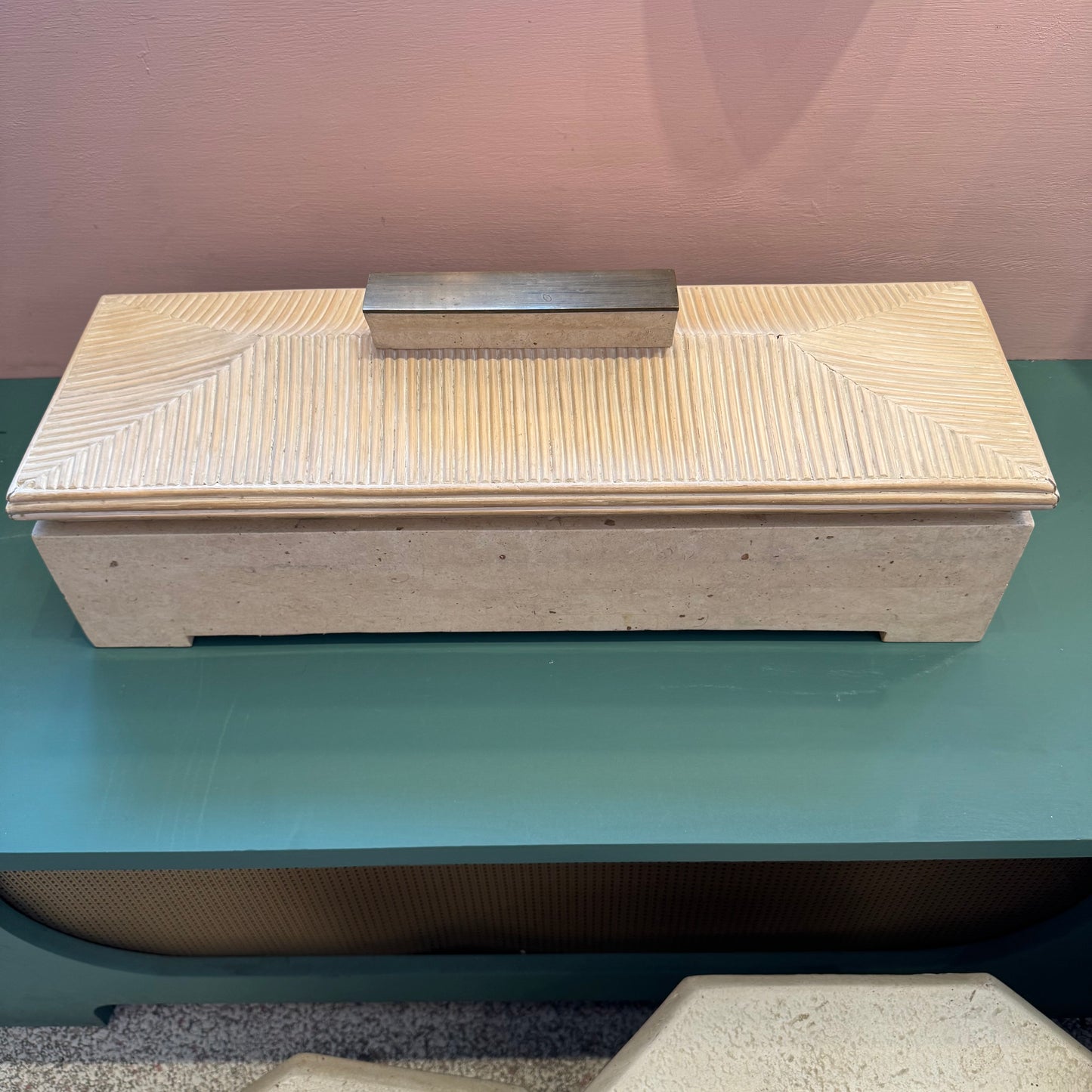 Large Vintage Tessellated Stone, Wood and Brass Storage Box