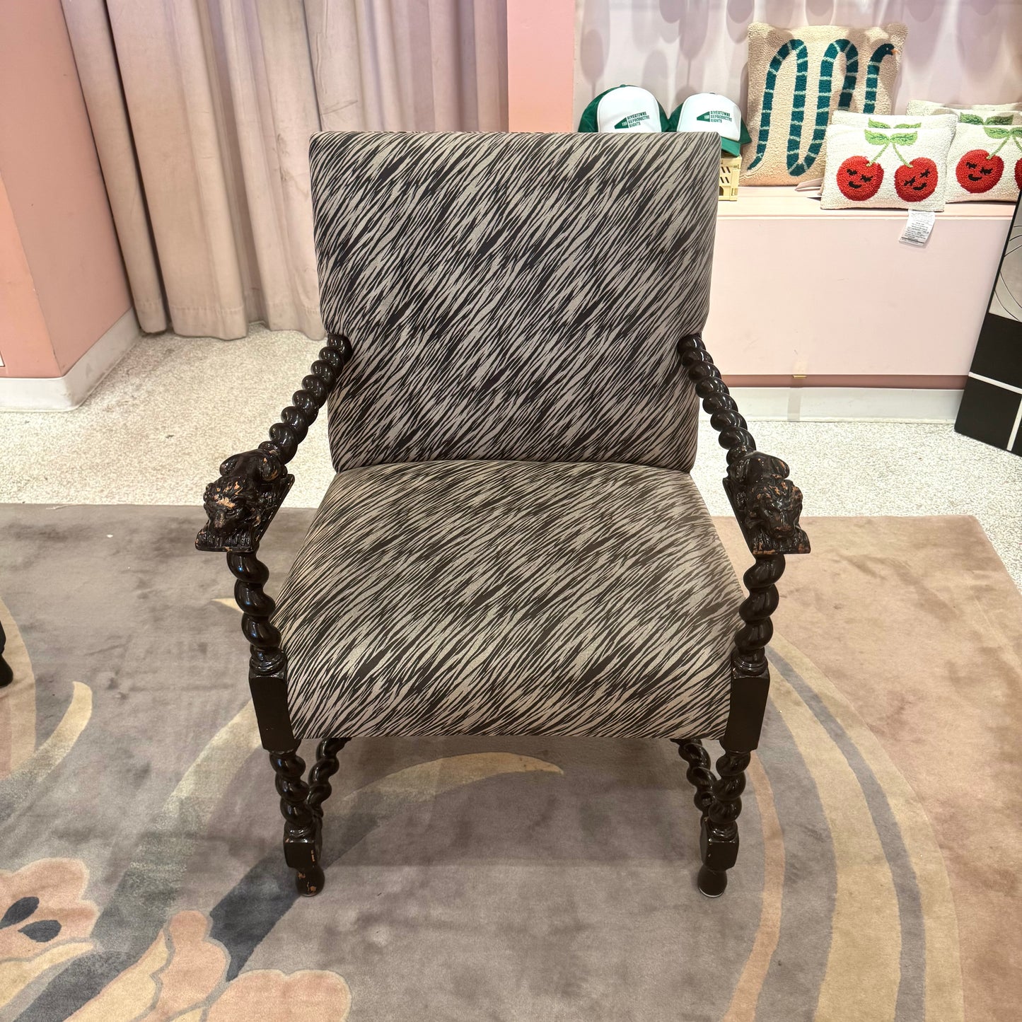 Antique Lions Head Barley Twist Suede Chair/item