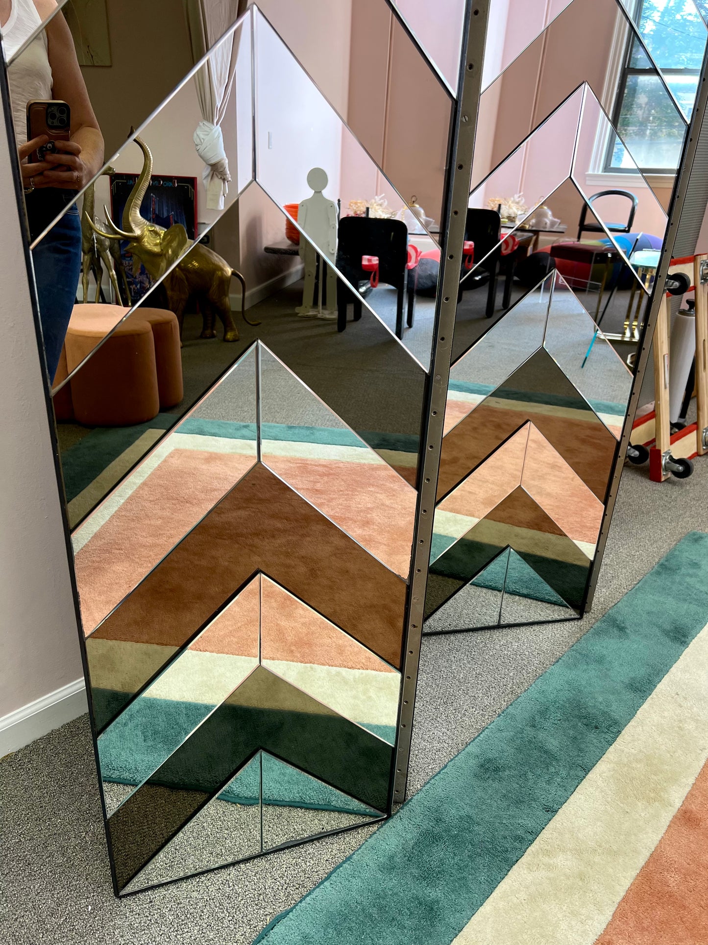 Vintage 4 Panel Chevron Mirrored Screen/Room Divider