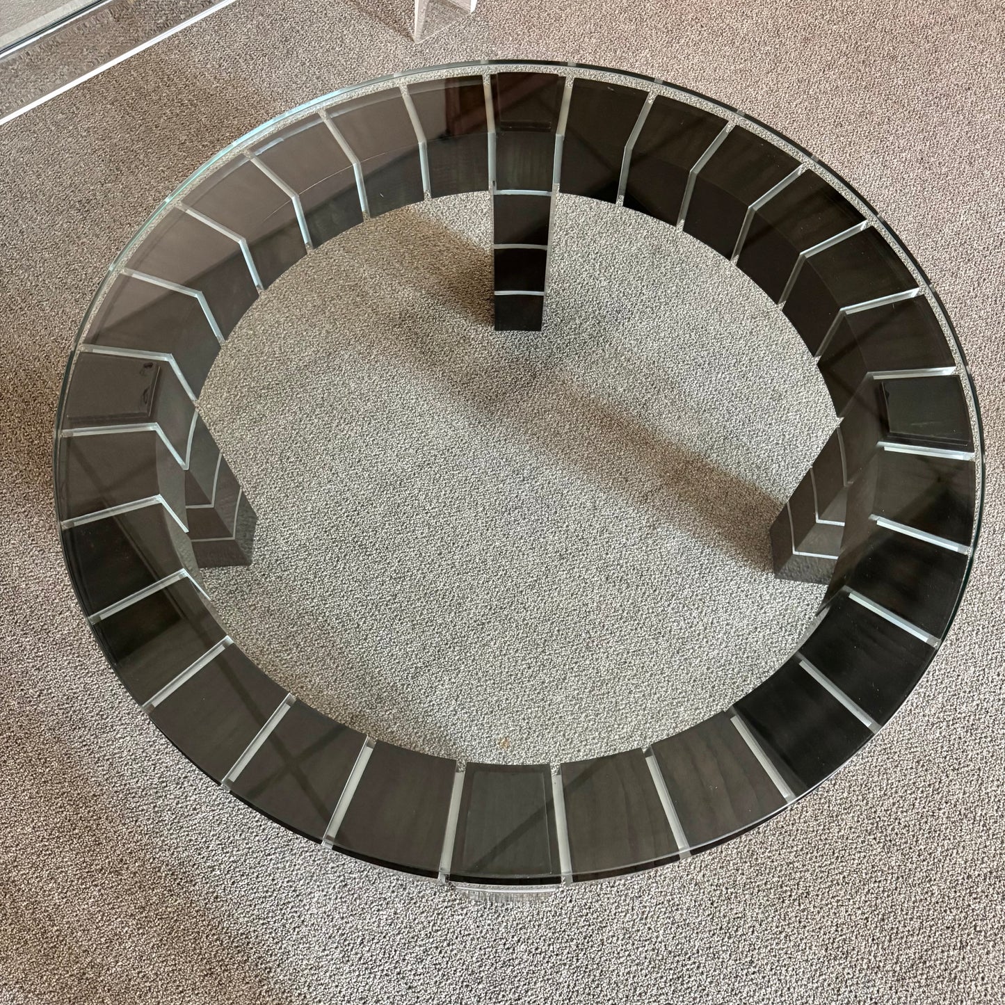 Vintage Postmodern Dark Wood Block and Glass Circular Coffee Table