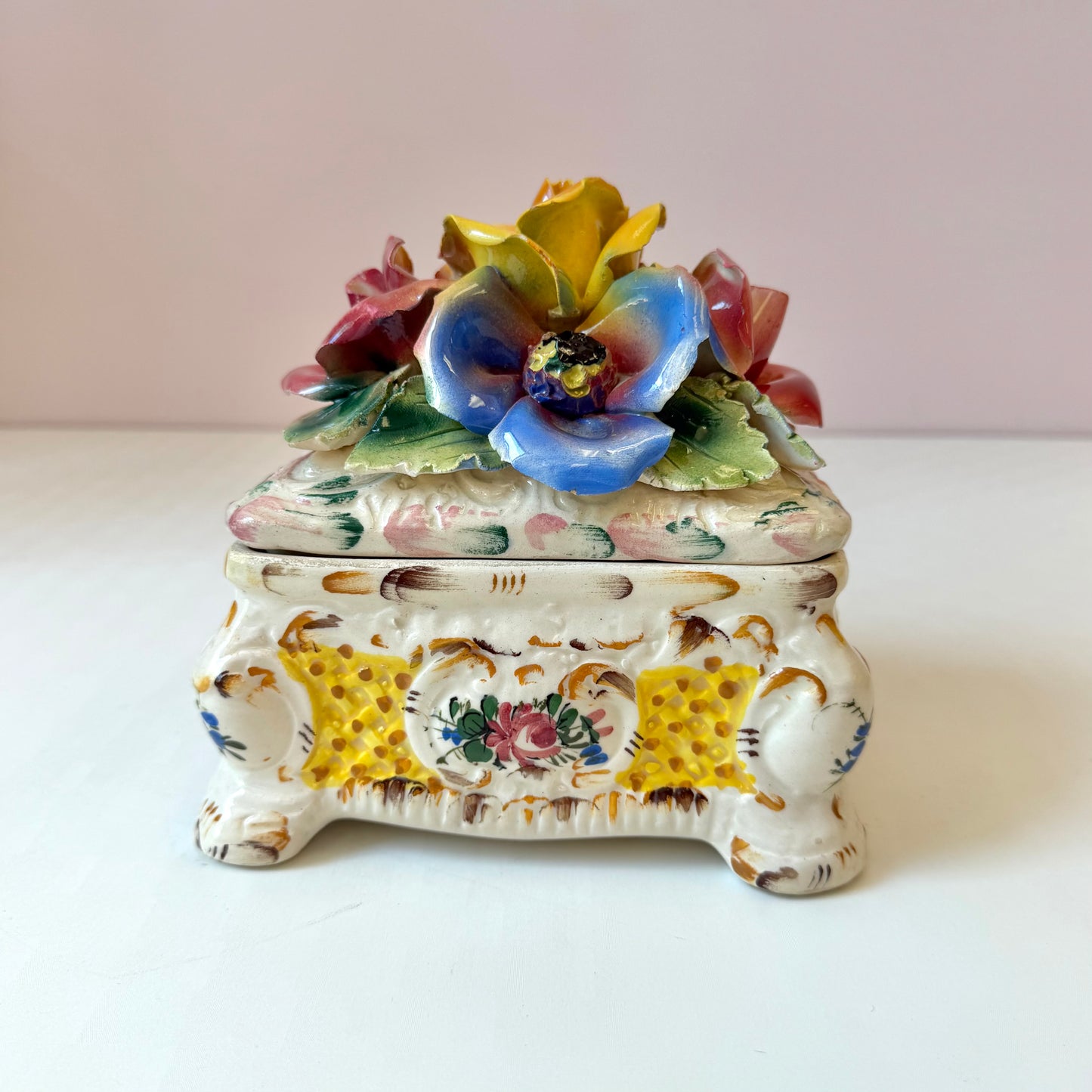 Vintage Italian Capodimonte Porcelain Floral Trinket Box