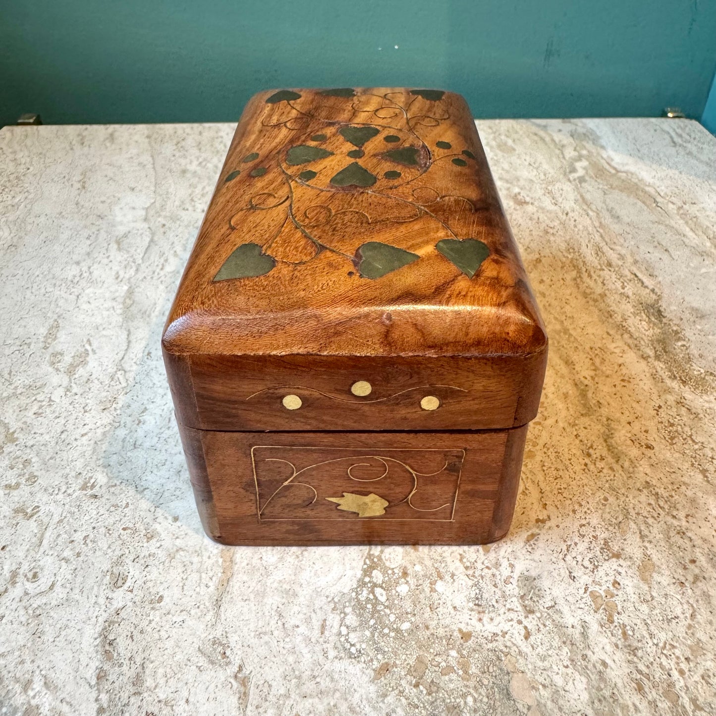 Vintage Wooden Playing Card Box with Brass Heart Inlay and Cards