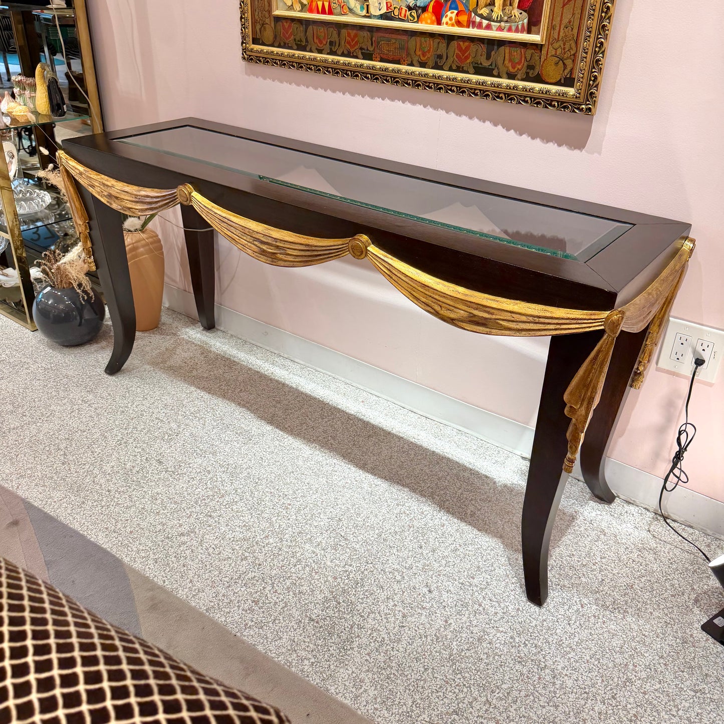 Vintage Dark Wood Console with Gold Gilt Draped Valance Detail