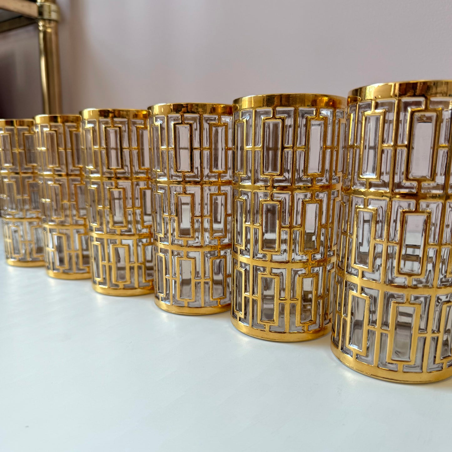 Vintage Set of 6 Imperial Glass Company Highball Glasses in the Gold Shoji Pattern